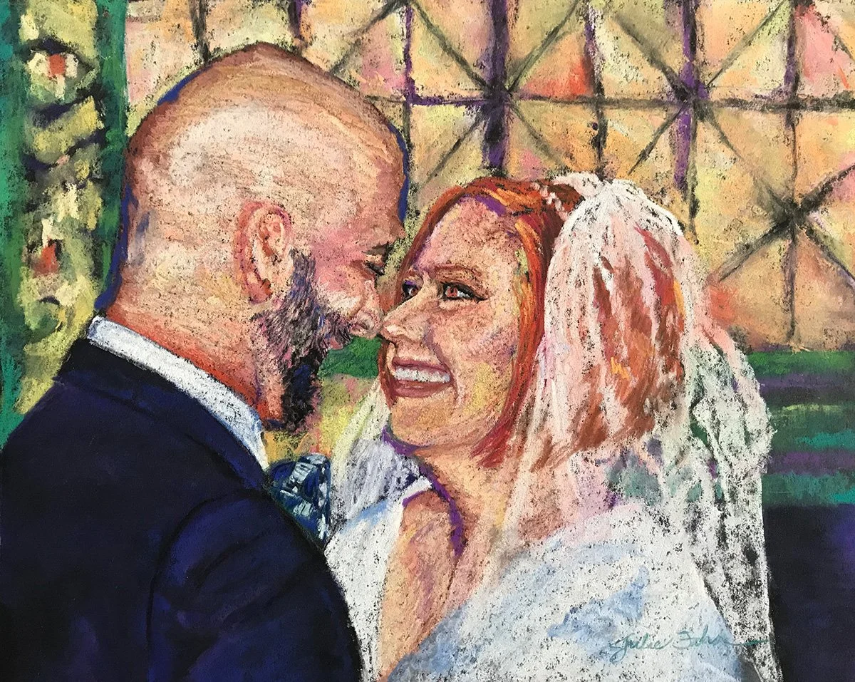 To Have & To Hold: A wedding portrait in pastel focused not on ceremony or details, but on that wonderfully private look exchanged between two people on a very public day.  Not for sale.