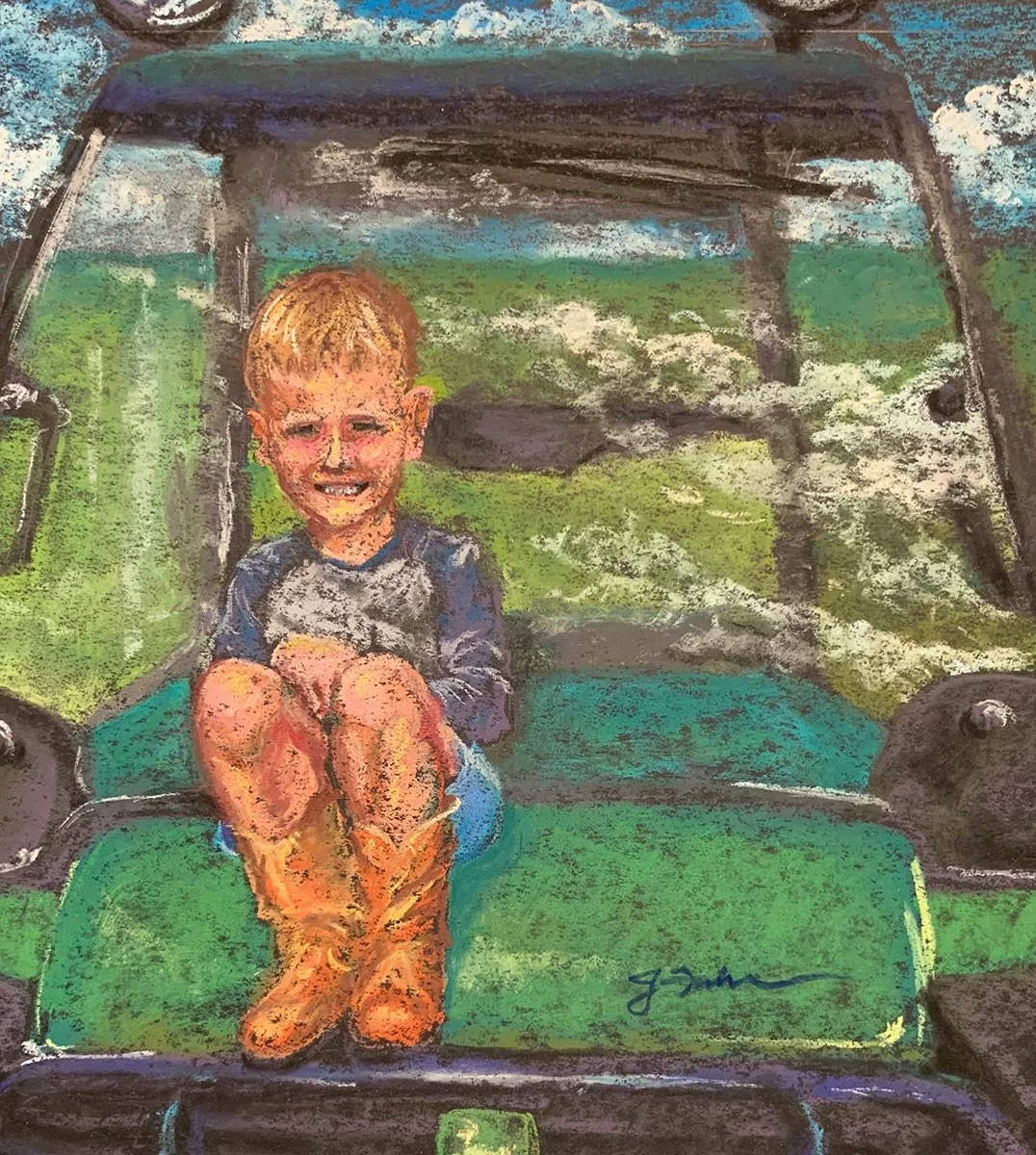 Farm Boy: Created from a treasured family photograph, this pastel captures a young farm boy perched in a tractor, boots forward and smile ready for the day.  Owner: Kris