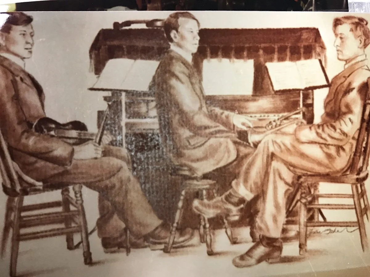 Fahrlander Musicians: A Conté drawing based on a family photograph of Fahrlander musicians from the 1920s, preserving a small piece of family and musical history in a medium that echoes the warmth of the original image.  Auctioned at a Fahrlander fam