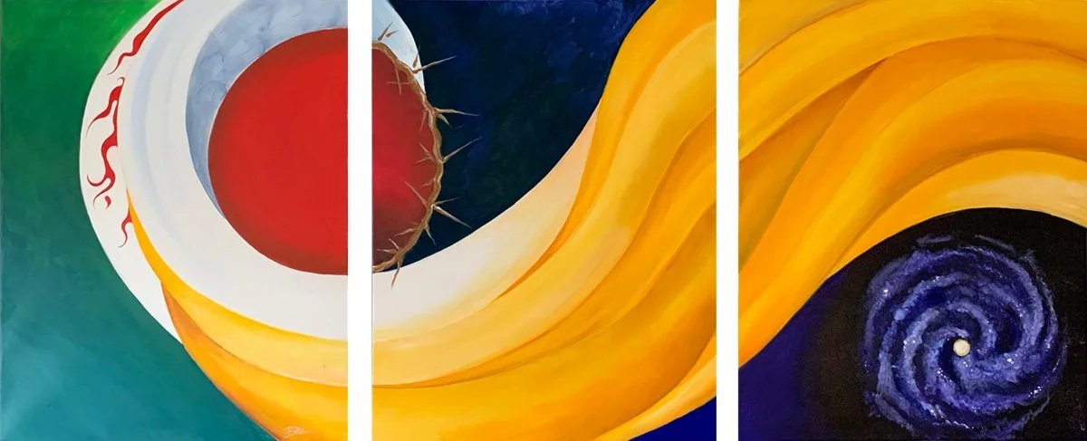 Trinity: This three-panel acrylic explores Father, Son, and Holy Spirit through interconnected symbols of creation, sacrifice, and transformation. Seven golden strands travel through all three panels, with the composition moving from right to left to