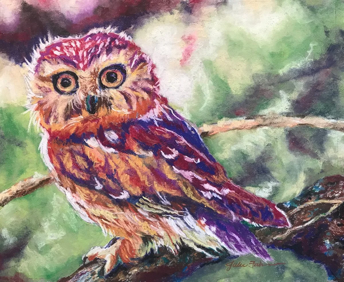 Ever Mindful: A richly colored pastel portrait of a small owl, capturing that wonderful wide-eyed expression that makes it seem both intensely alert and quietly curious.  Owner: Chelsea