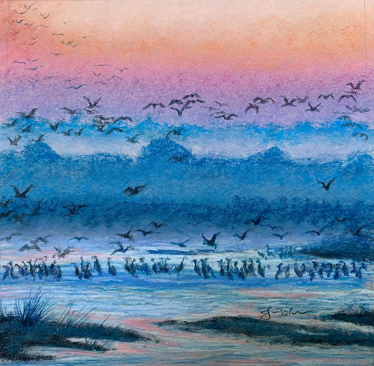 Dusk on the Platte: A pastel capturing that fleeting Nebraska moment when sky, water, and thousands of birds seem to merge at dusk along the Platte River.  Donated to a Blue River Arts Council fundraiser.