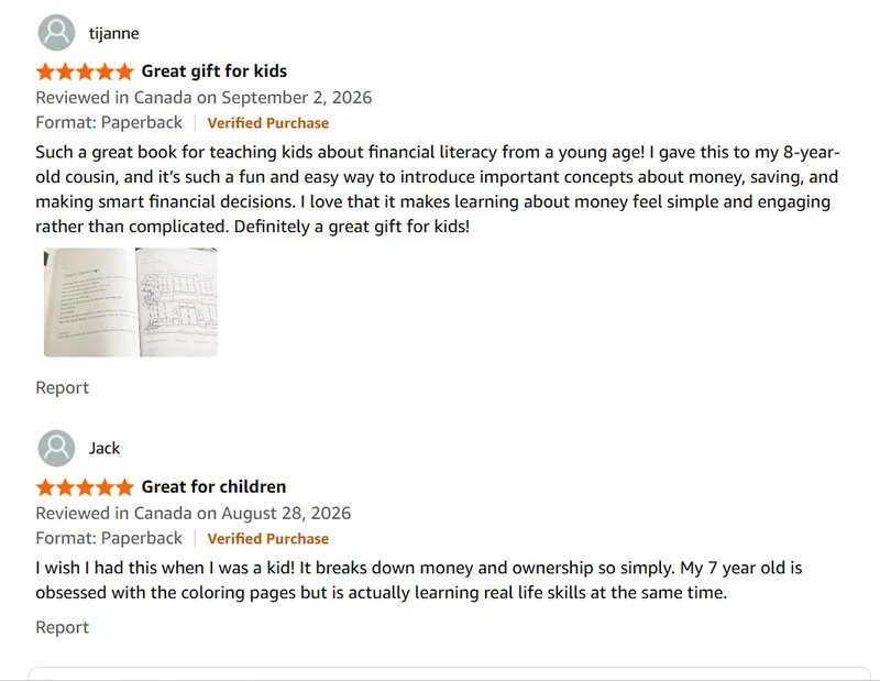 Screenshots of two Amazon 5 star  reviews for Early Ambition children's coloring books about financial literacy, with a small image of an open Early Ambition Little Money Architects financial literacy coloring book