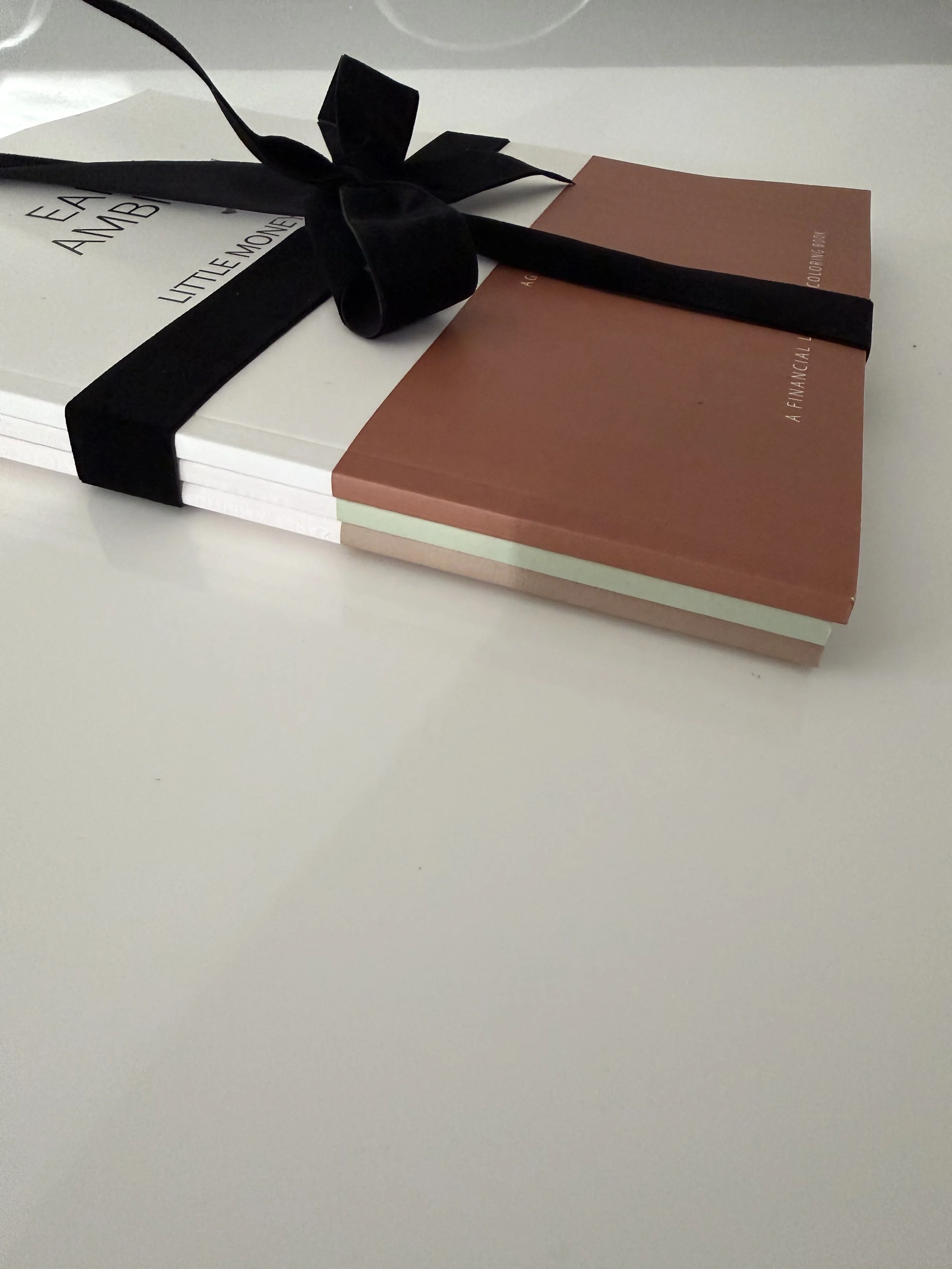 A picture of Early Ambition Little Money Architects financial literacy coloring book wrapped with a black velvet bow — perfect gift for kids.