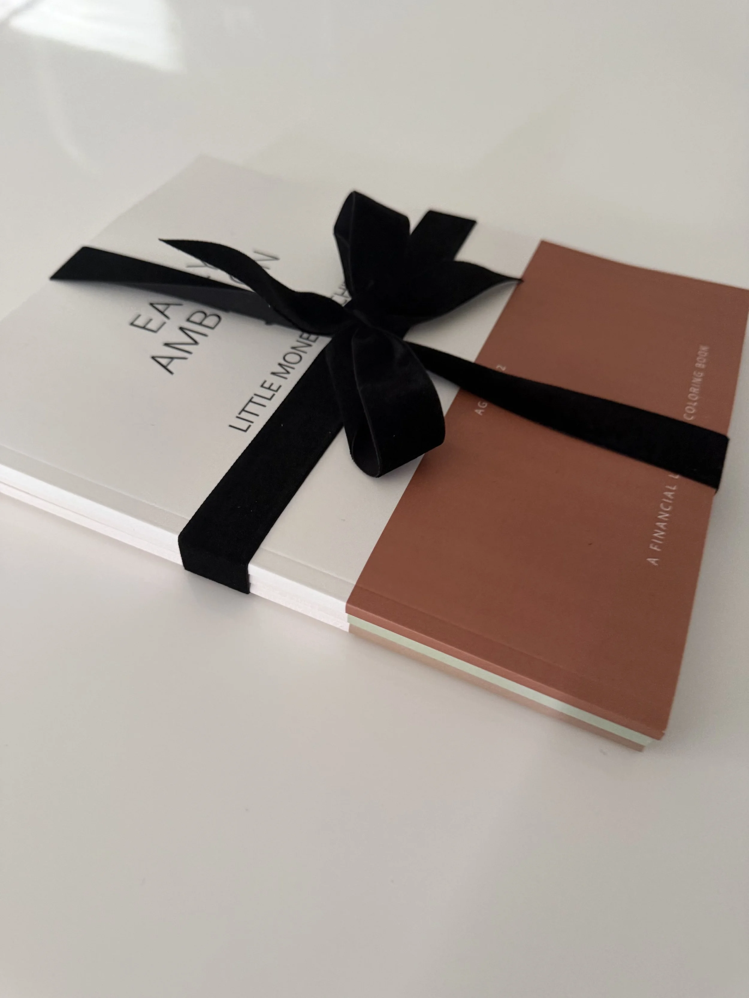 A book titled 'Early Ambition : Little Money Architects with a black ribbon on top, placed on a white surface alongside a salmon-colored pamphlet or booklet.  Perfect gift for kids.