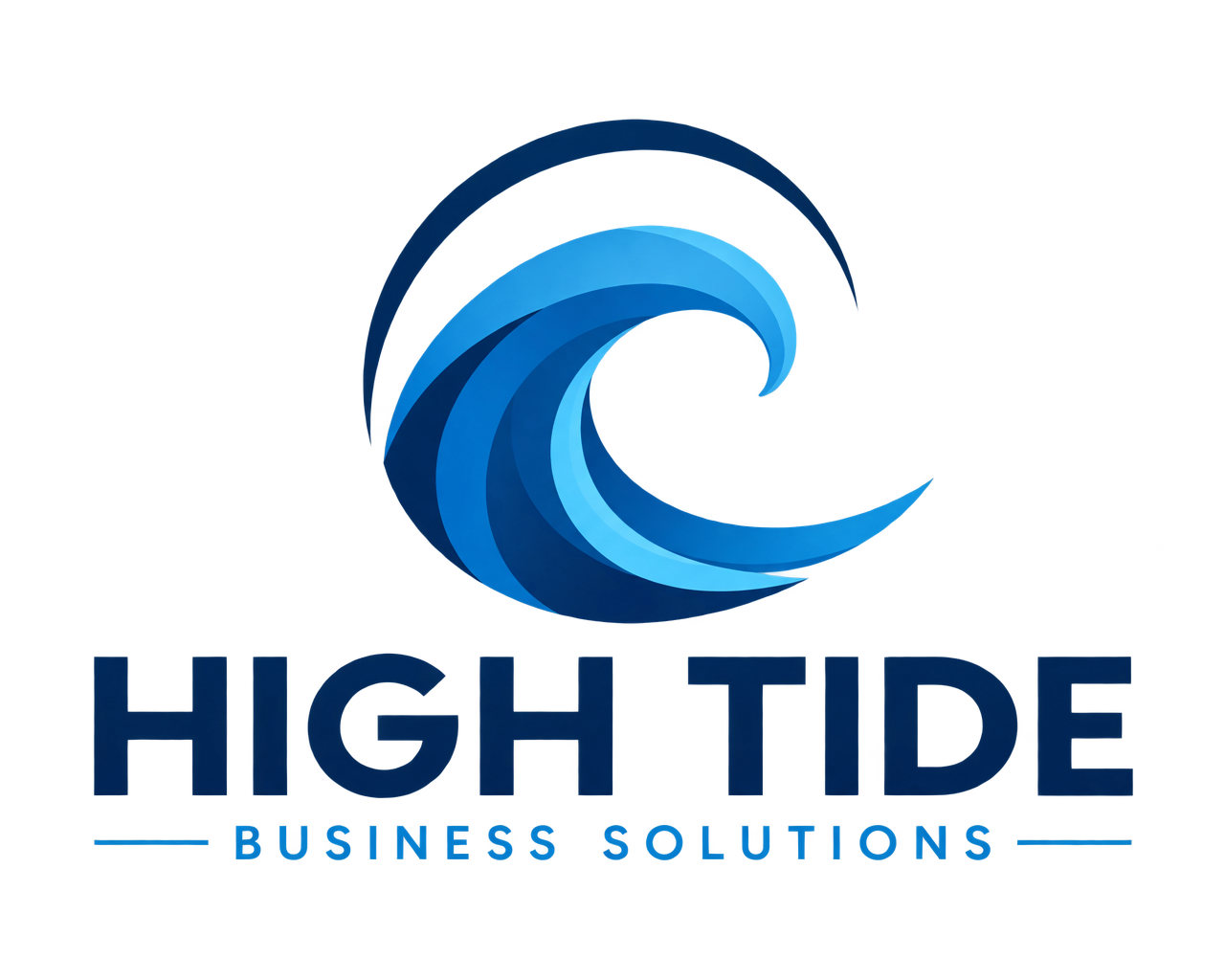 Logo with a stylized blue wave and the text 'High Tide Business Solutions' beneath it.