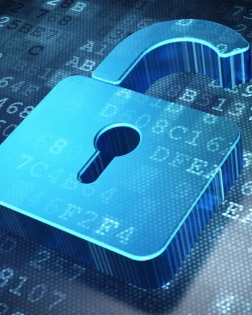 A digital illustration of a padlock with a keyhole, symbolizing cybersecurity or data protection, over a background of binary code.