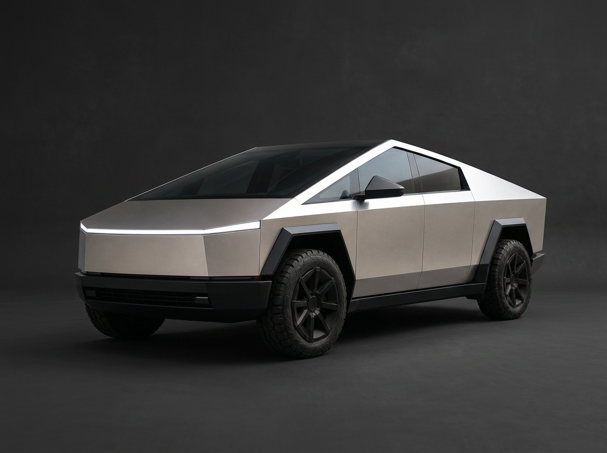 A futuristic silver and black electric car with a sleek, angular design, large tires, and minimalist details against a dark background.