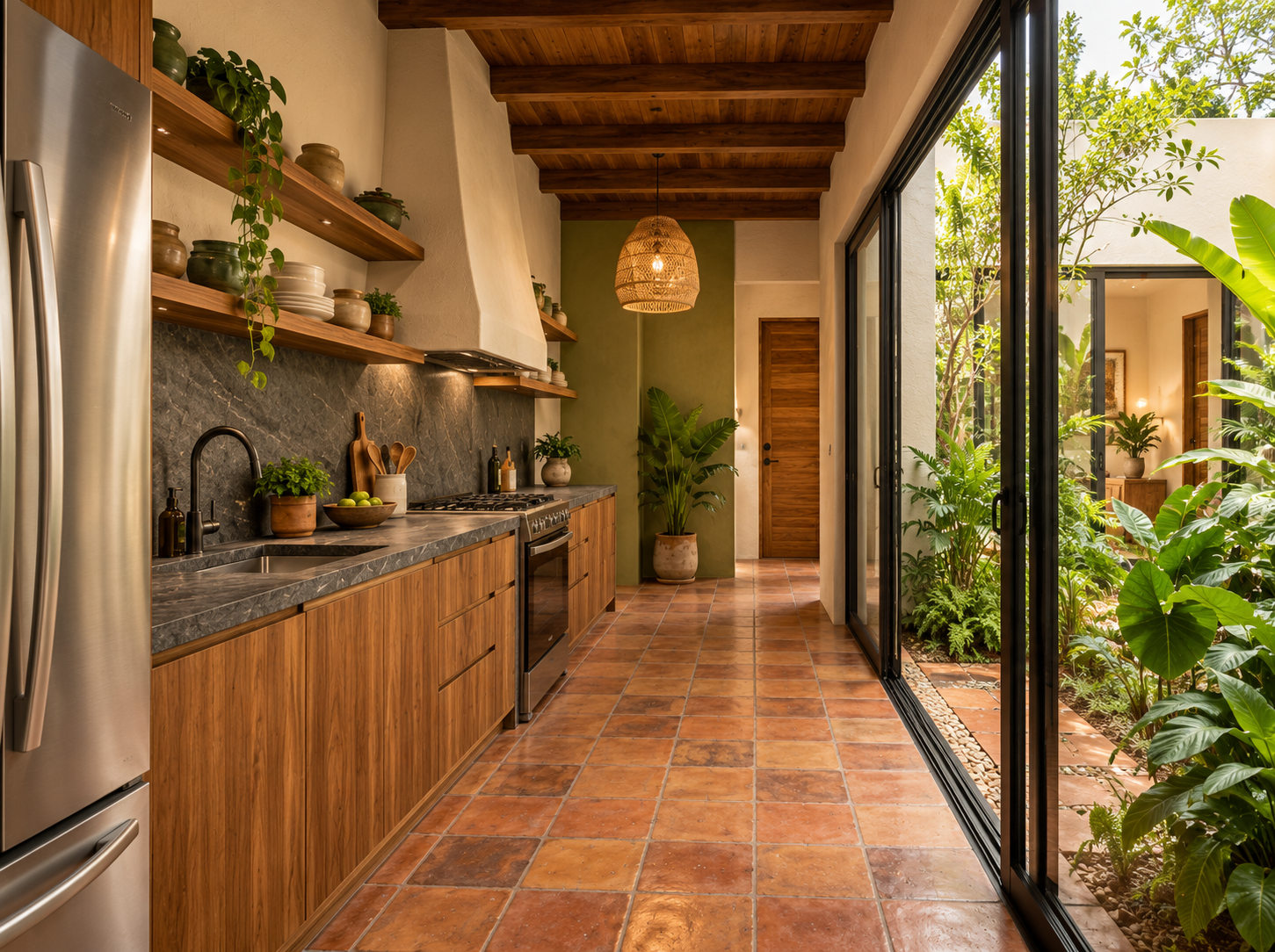 Warm rustic kitchen overlooking a tropical courtyard.png