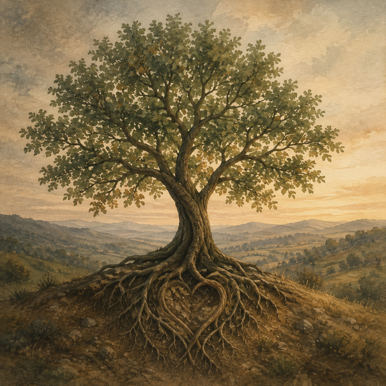 A painting of a tree with exposed roots on a hilltop, overlooking rolling hills and a sunset sky.