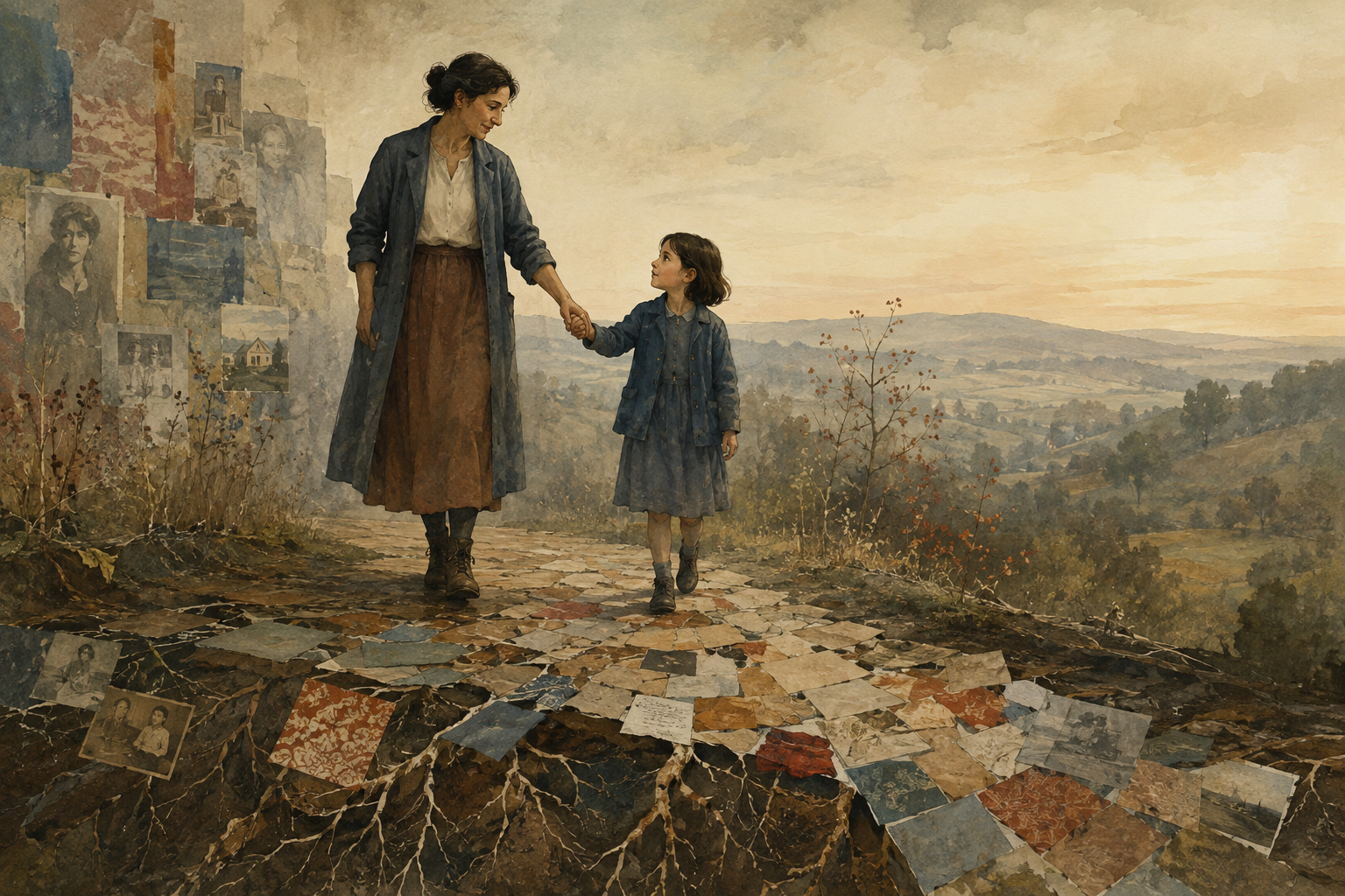 A woman and a young girl holding hands while walking on a path overlooking a scenic countryside landscape at sunset, with photos pinned on a wall to the left.