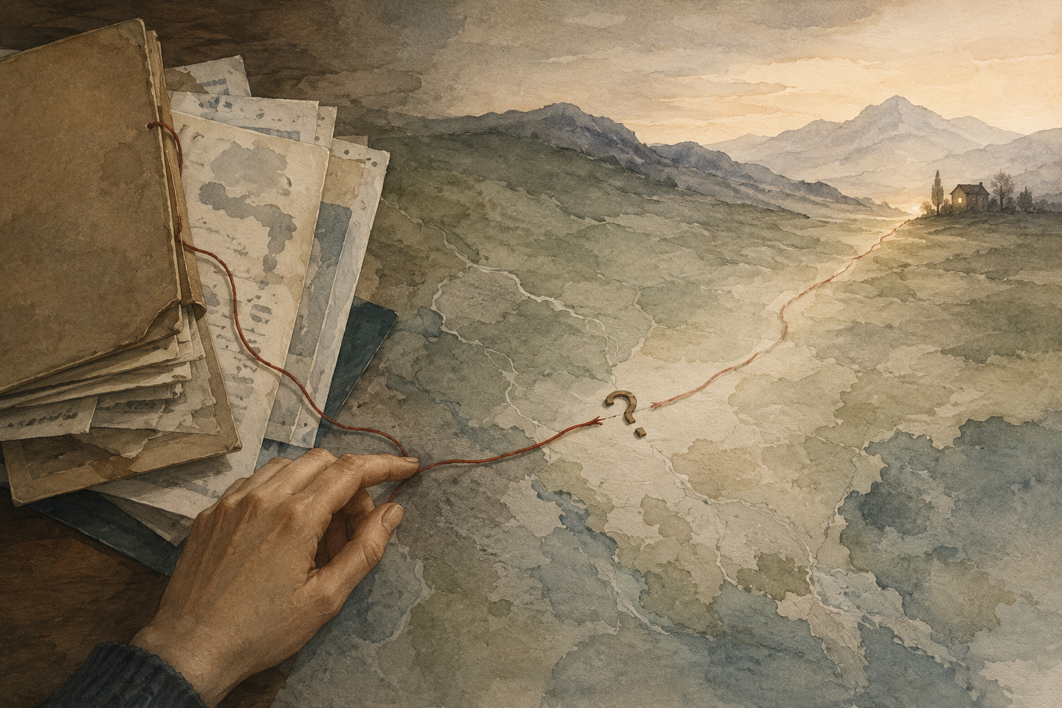 Hand arranging a red string on a watercolor map with a question mark, next to a stack of old papers.