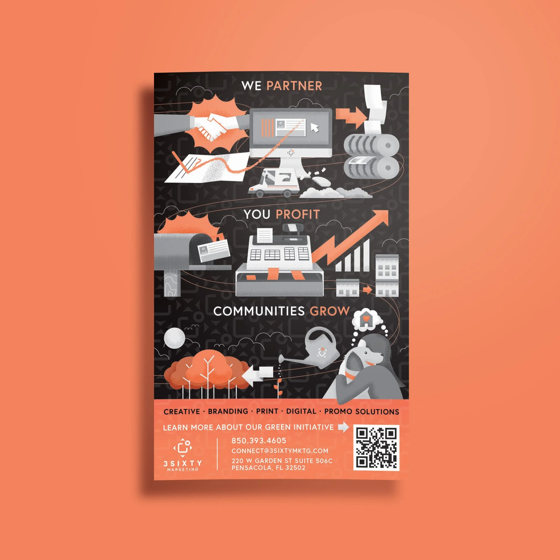 infographic illustration of self promo print advertisement for creative agency in Pensacola, Florida