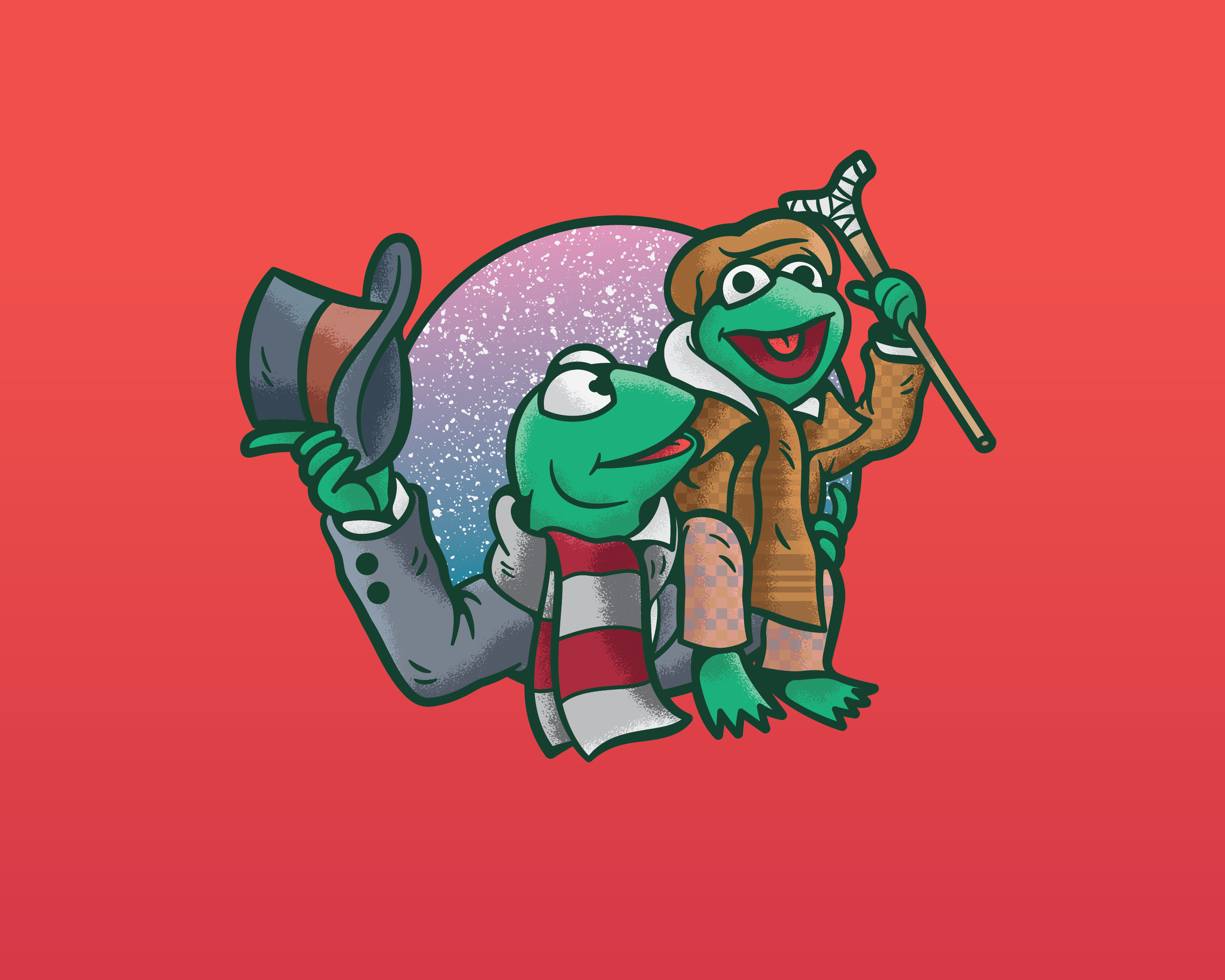 Illustration design of Kermit as Bob Crotchet and Robin as Tiny Tim from The Muppets Christmas Carol