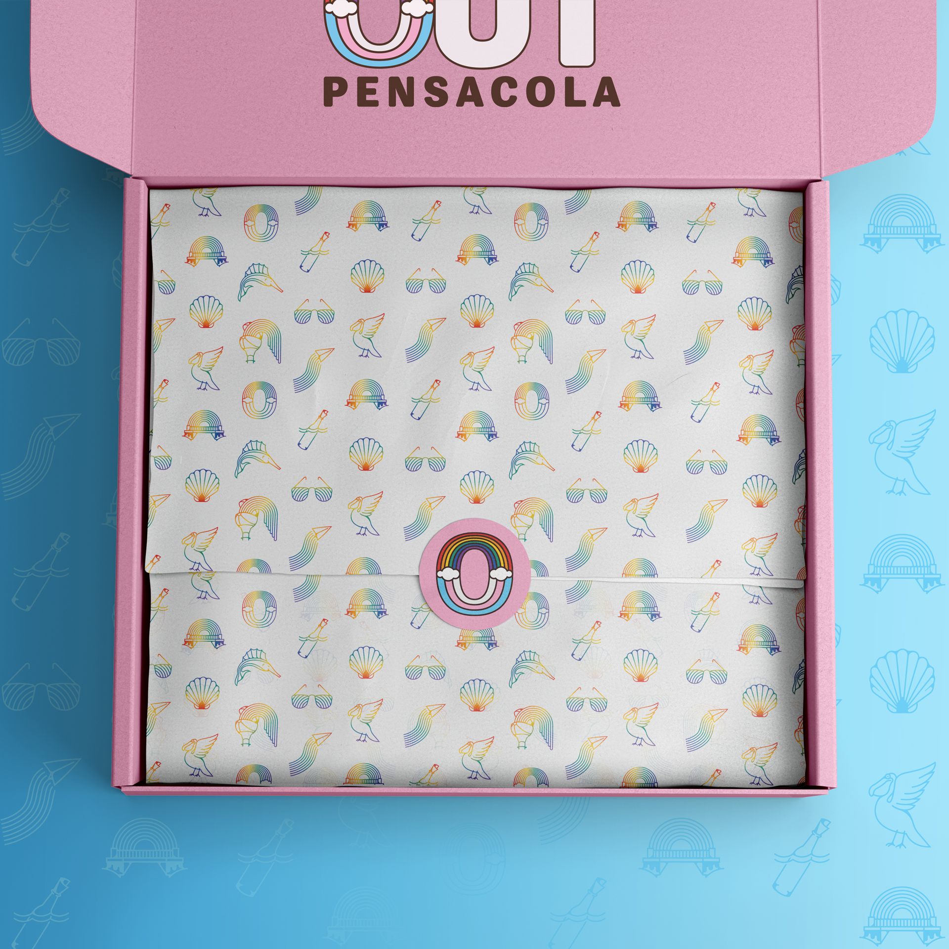Out Pensacola LGBTQ Branding Box Design Visual ID Rainbow Trans Flag