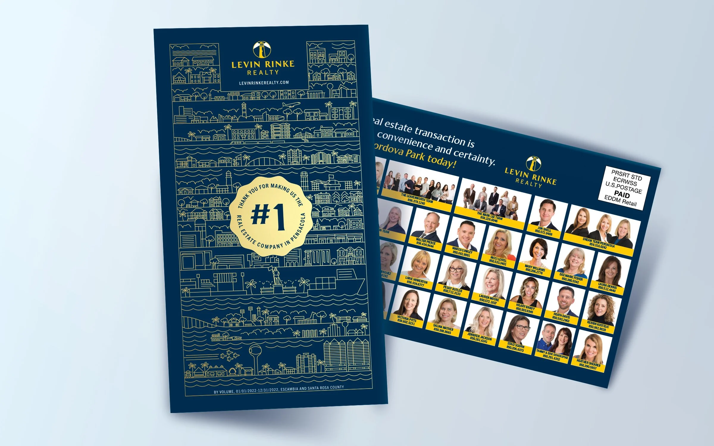 Mono line illustration of a direct mail design featuring communities in Pensacola, Florida