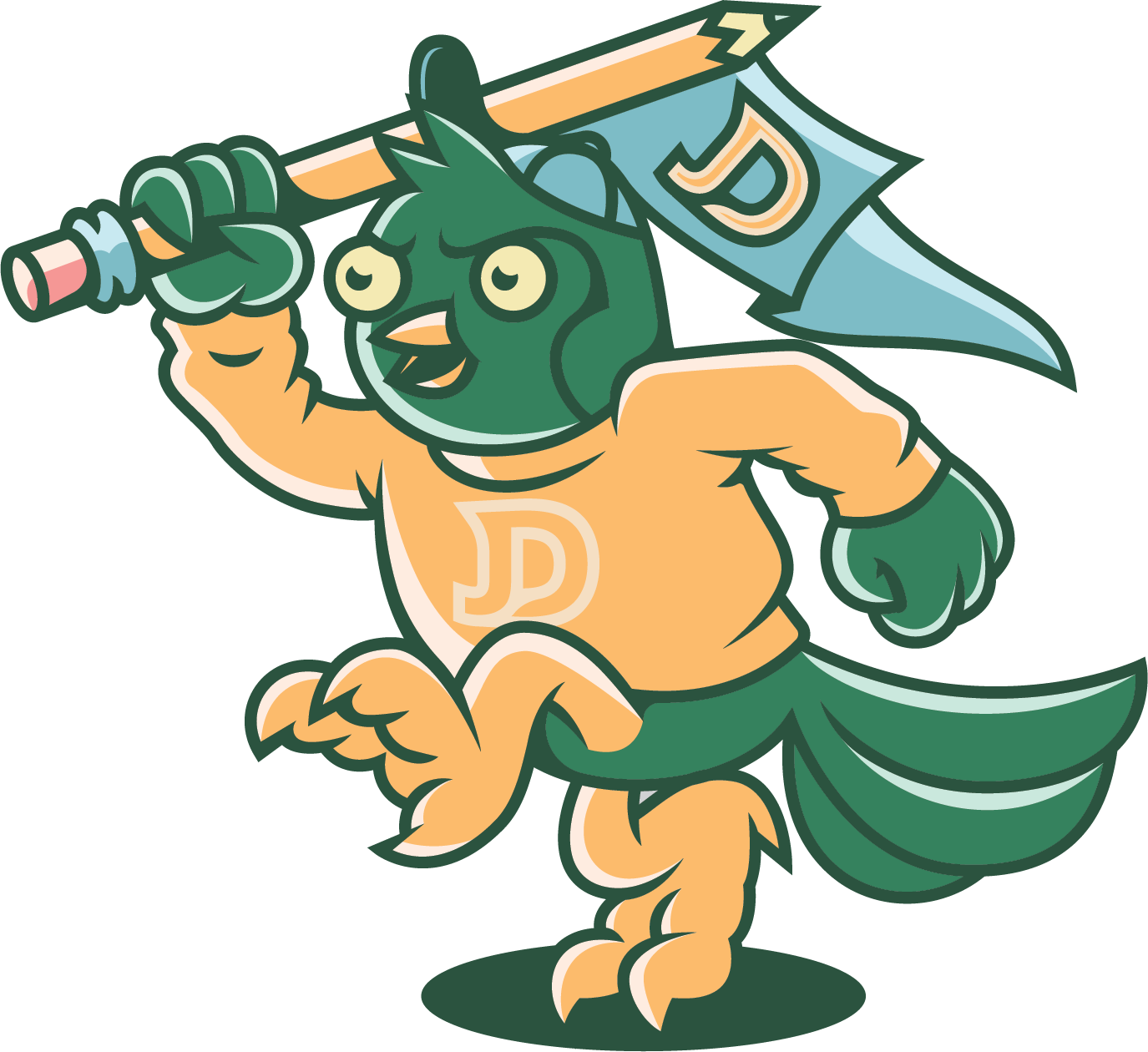Jackdaw Mascot Logo Design Character Design Green Bird Orange Sweater Holding Pencil Flag