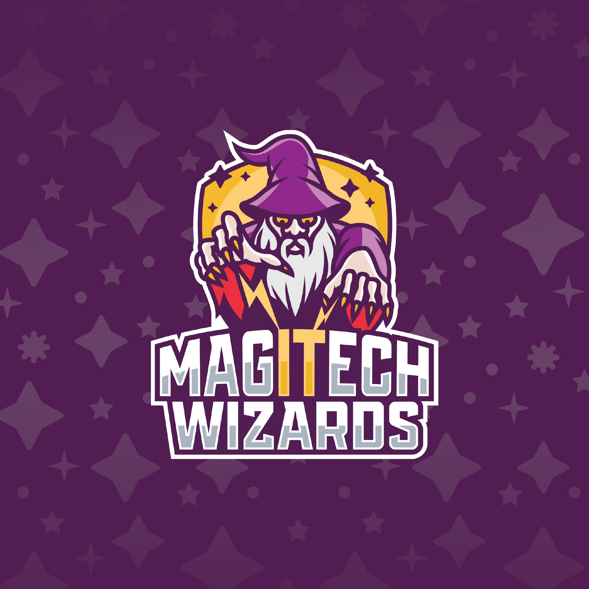 Magitech Wizards logo design IT company mascot in a shield with lightning and stars branding