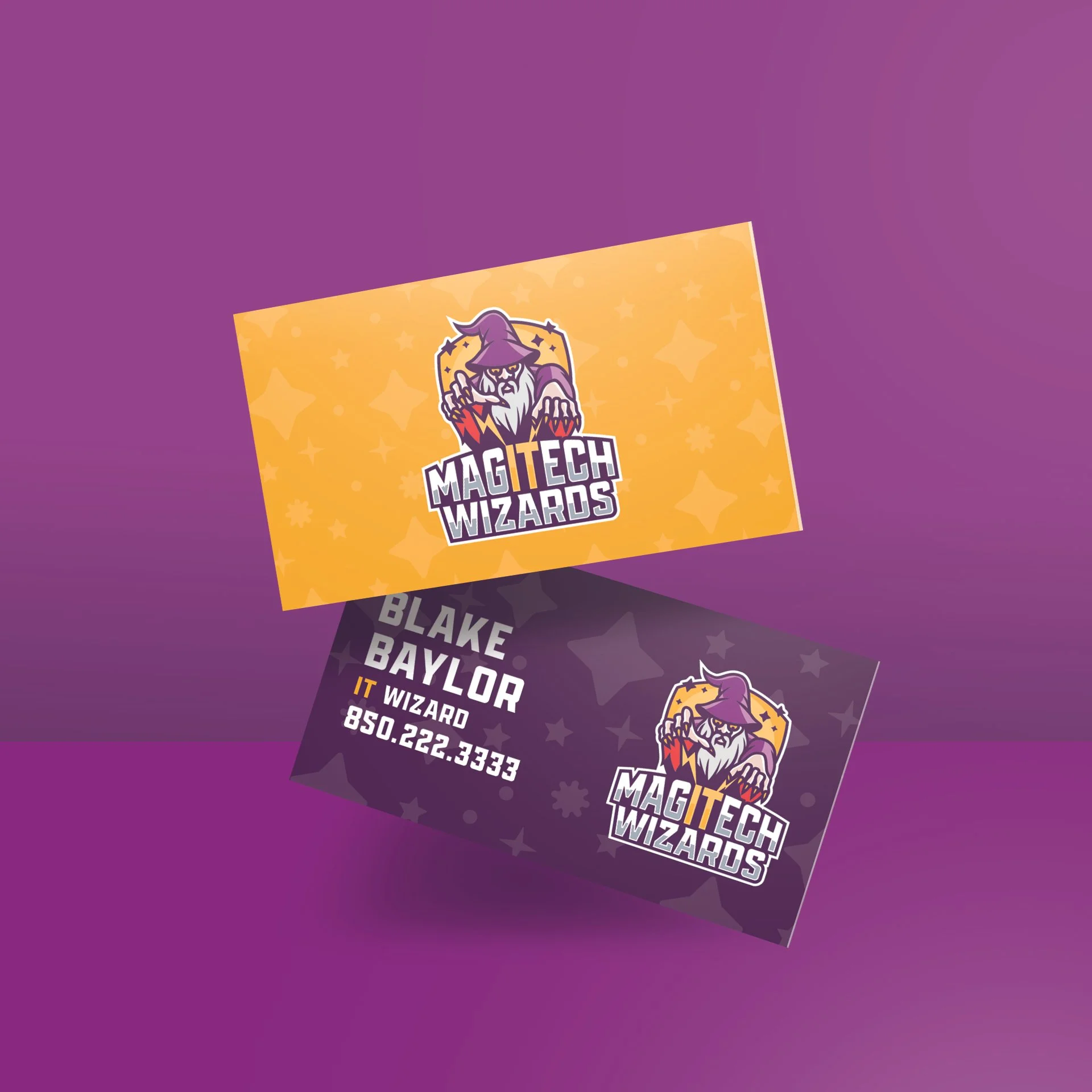 Magitech Wizards logo design IT company mascot in a shield with lightning and stars branding business card