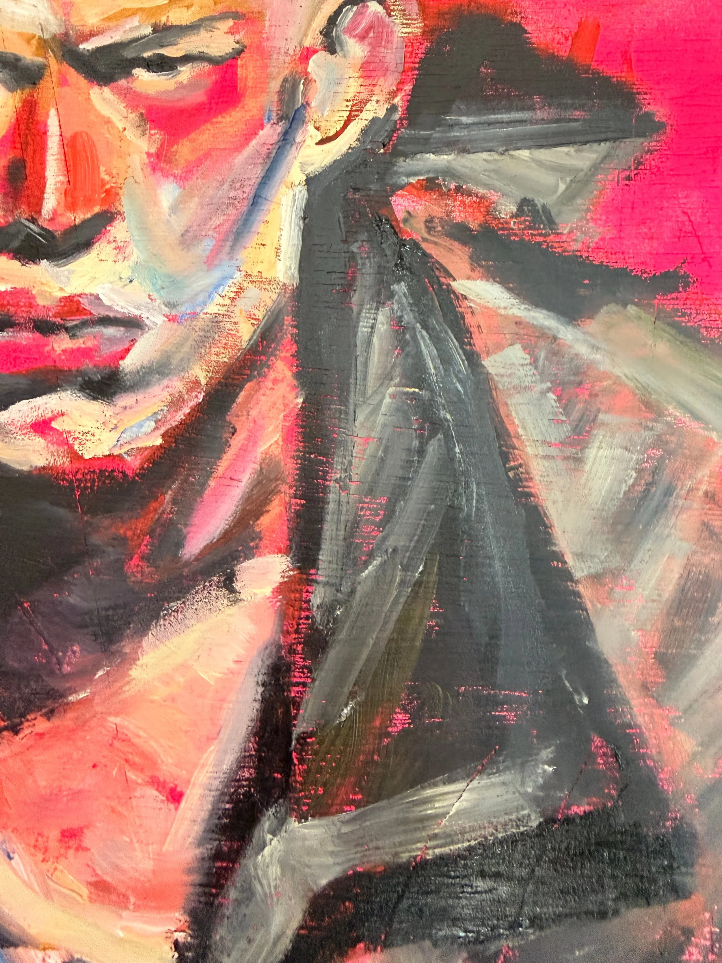 An abstract painting of a person's face, with emphasis on the eye and nose, using bold streaks of black, white, red, and orange colors.
