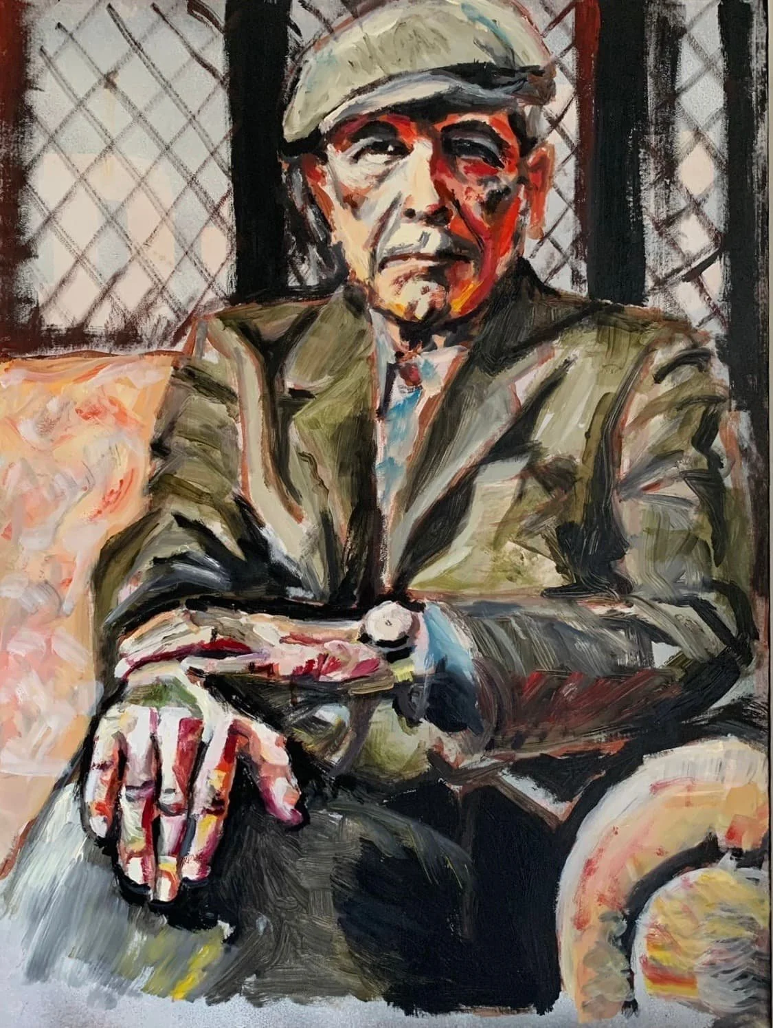 Painting of an older man wearing a cap, sitting with his arms crossed. The background features a fence-like pattern.