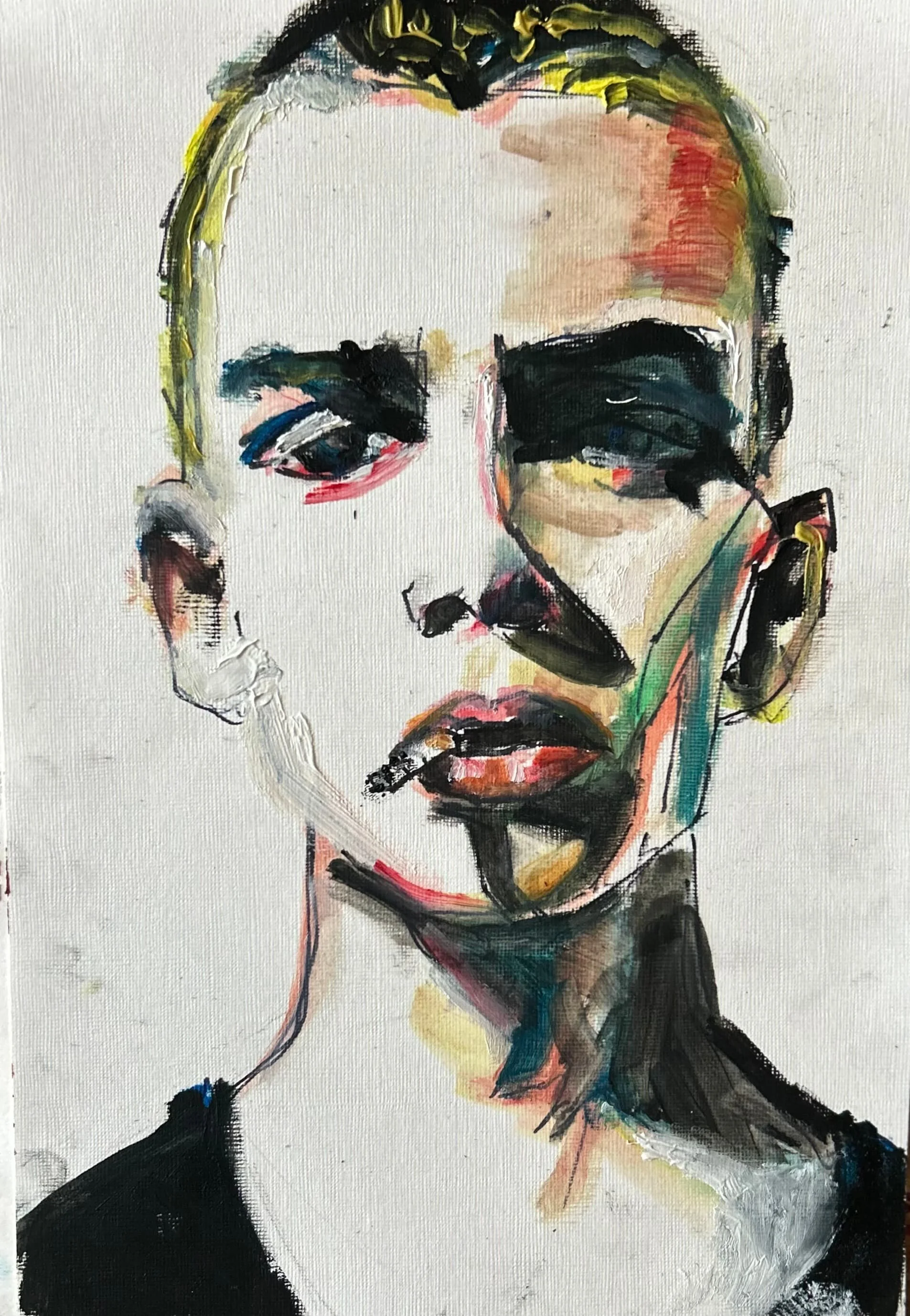Abstract portrait of a woman with bold black eyeshadow, minimal facial features, wearing a black top, rendered in expressive brushstrokes and vivid colors.