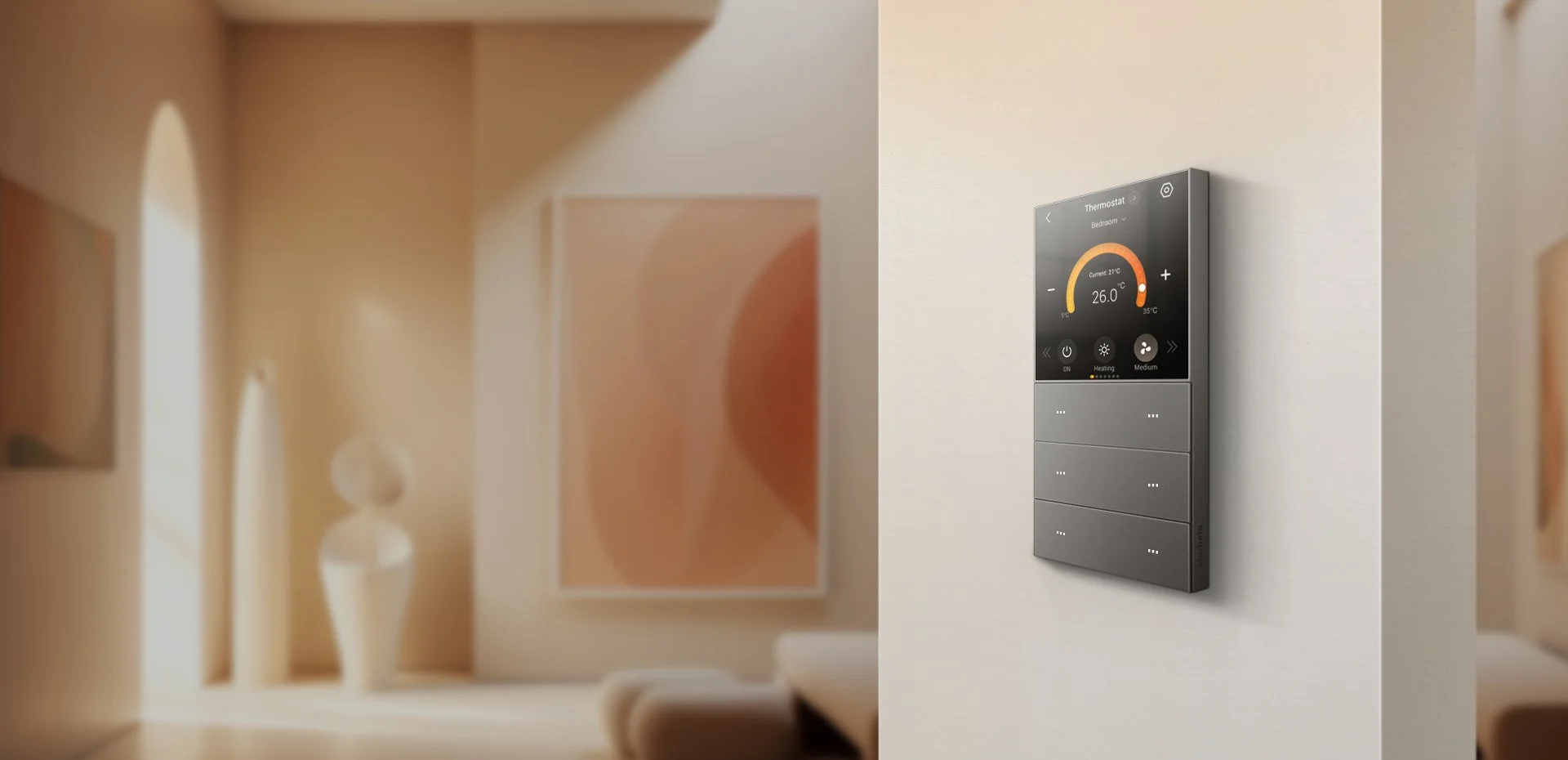 Termostato inteligente en una pared blanca, controlando la temperatura del dormitorio con una pantalla digital que muestra 26 grados Celsius.