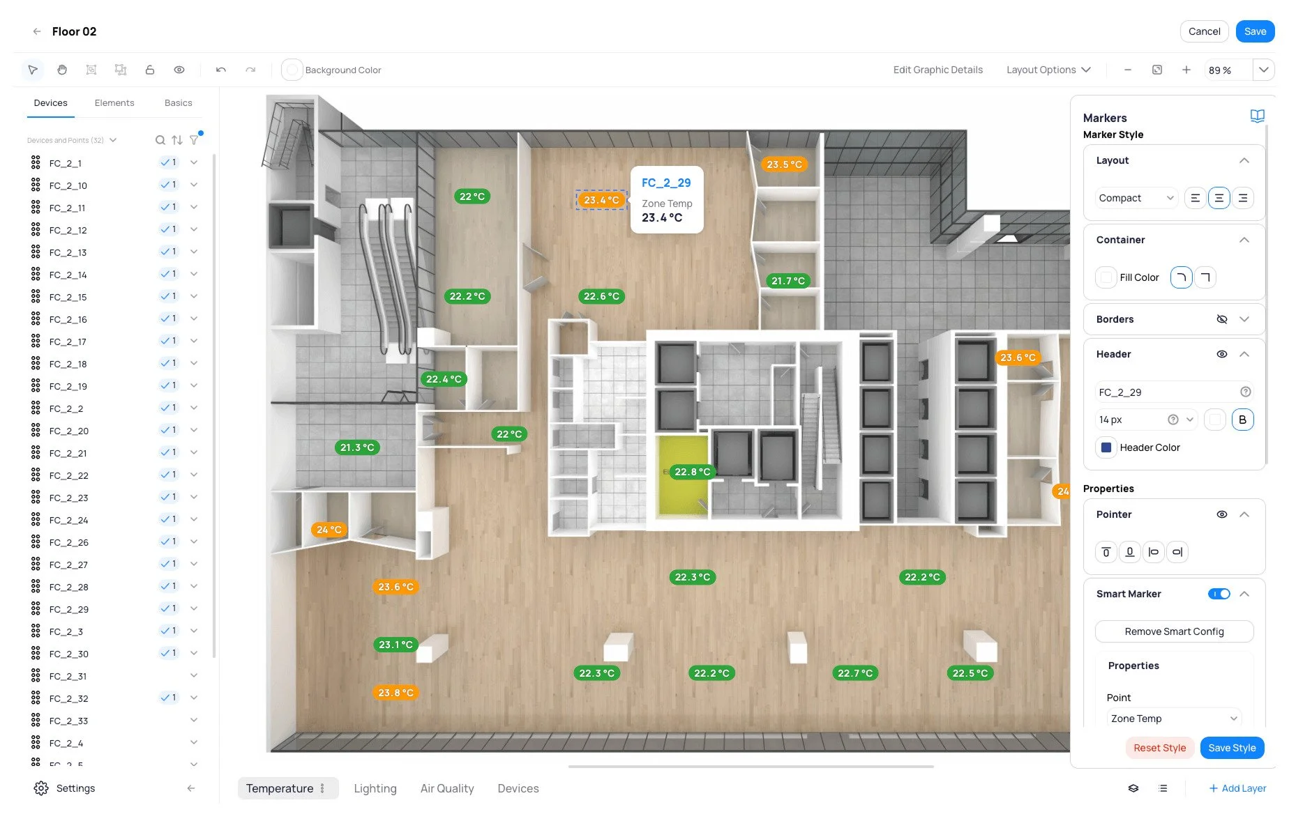 Plan de piso de un edificio con sensores de temperatura en varias áreas, mostrando temperaturas en grados Celsius con etiquetas verdes y naranjas.