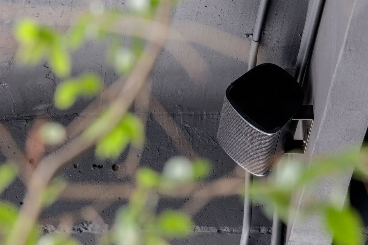 Altavoz en una pared de concreto con plantas verdes en primer plano. Audio distribuido comercial a través de plataformas de streaming.