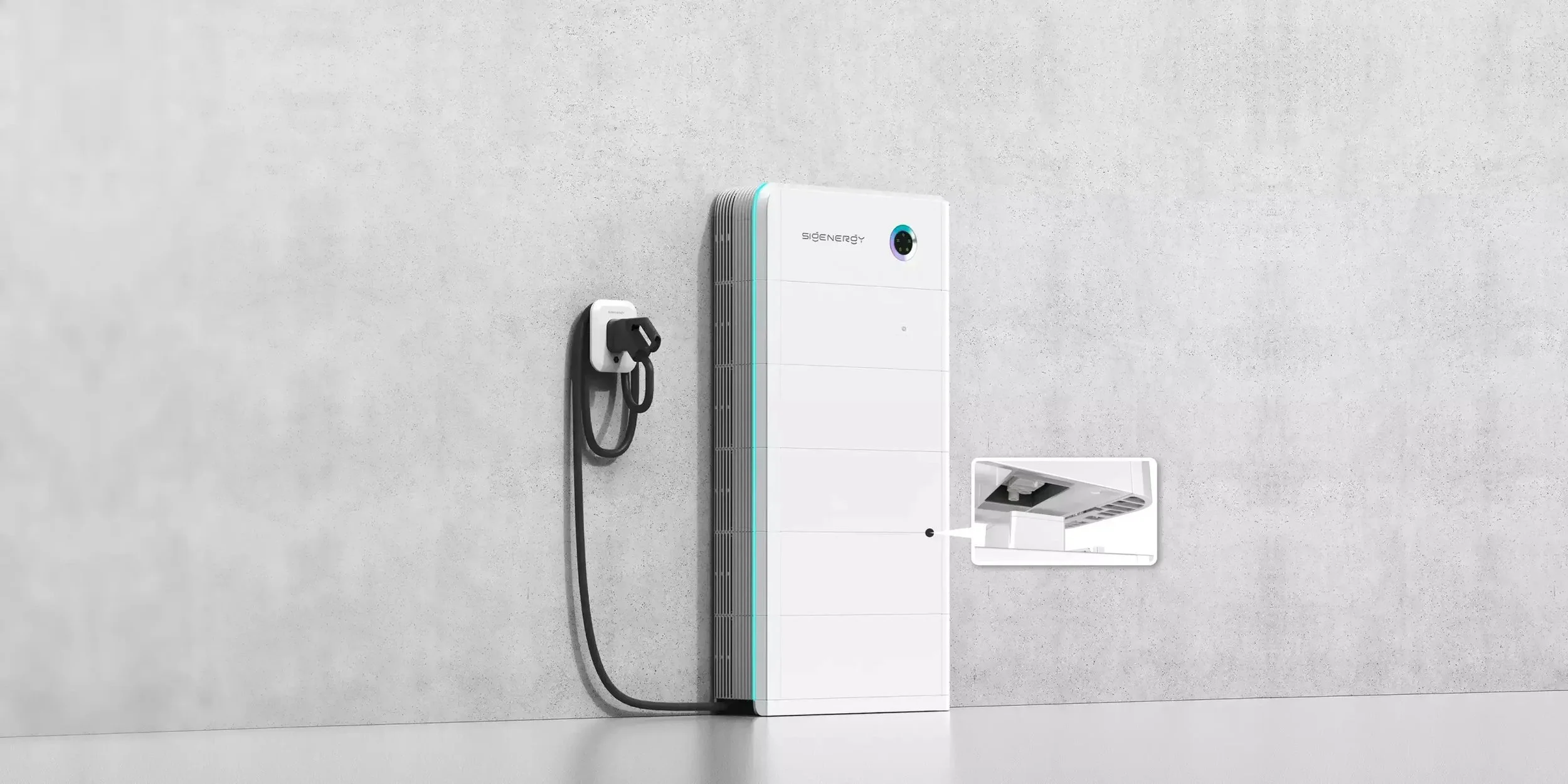 Sistema de almacenamiento de energía con una caja grande blanca, una conexión eléctrica y una pieza adicional en miniatura. Inversores, cargadores de vehículos eléctricos y almacenamiento todo en uno.