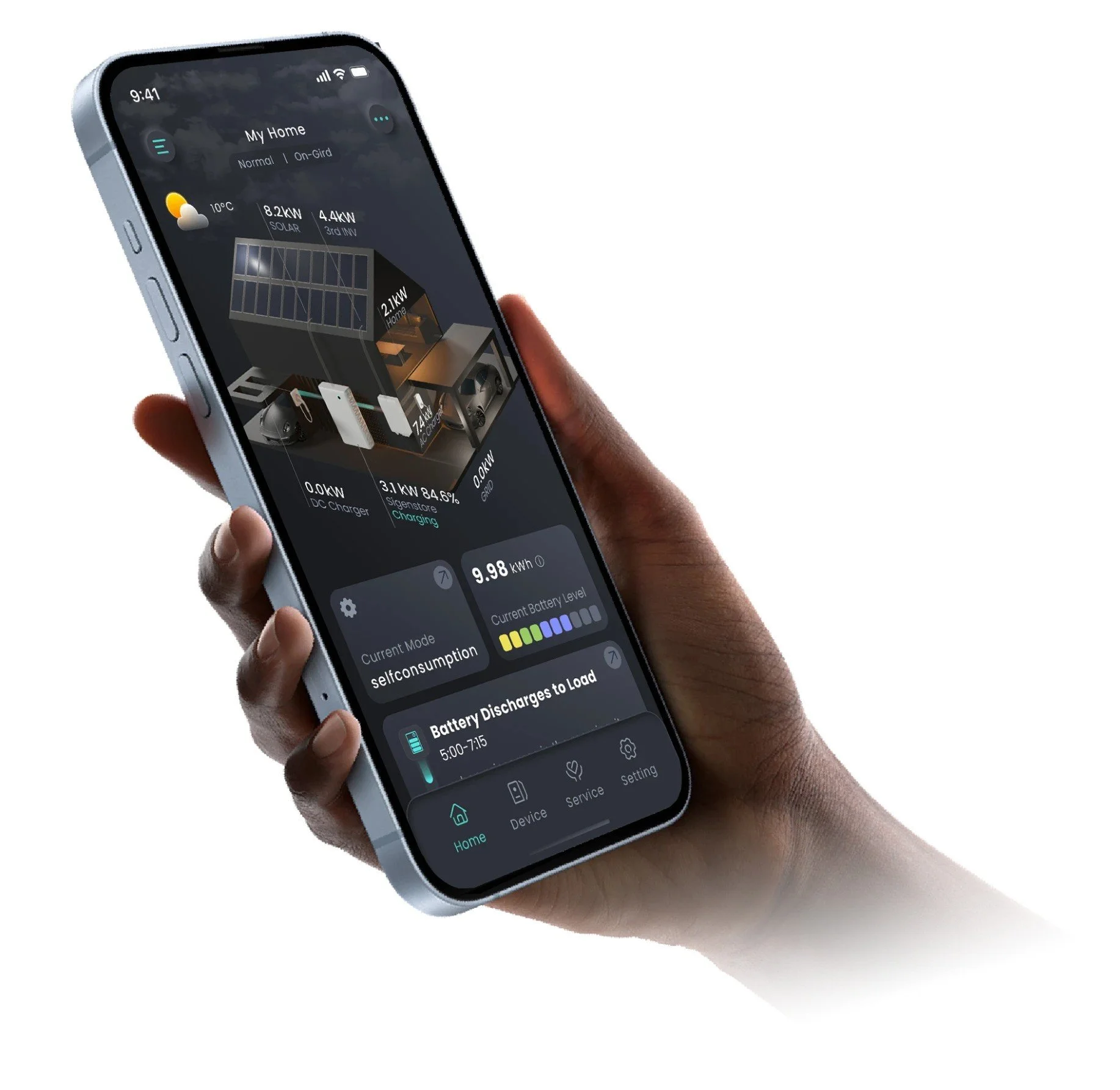 Una mano sostiene un teléfono inteligente que muestra una interfaz de control de energía doméstica con gráficos, iconos y datos sobre paneles solares, consumo de energía, carga de batería y programación.