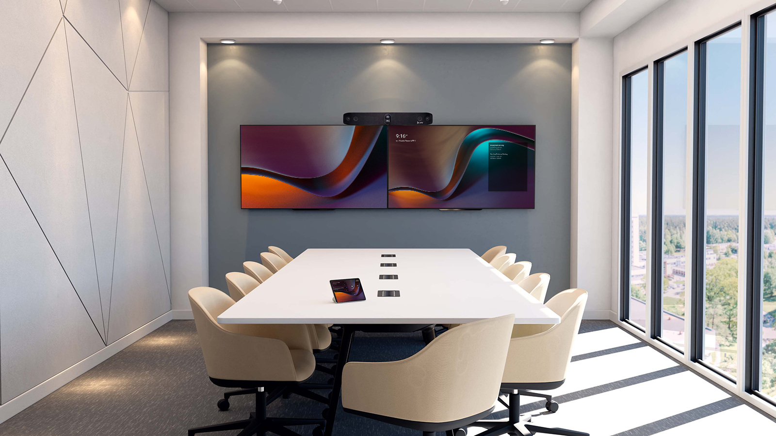 Sala de reuniones moderna con sistema de videoconferencia, barra todo en uno certificada Microsoft Teams, Zooms o Google Meets.
