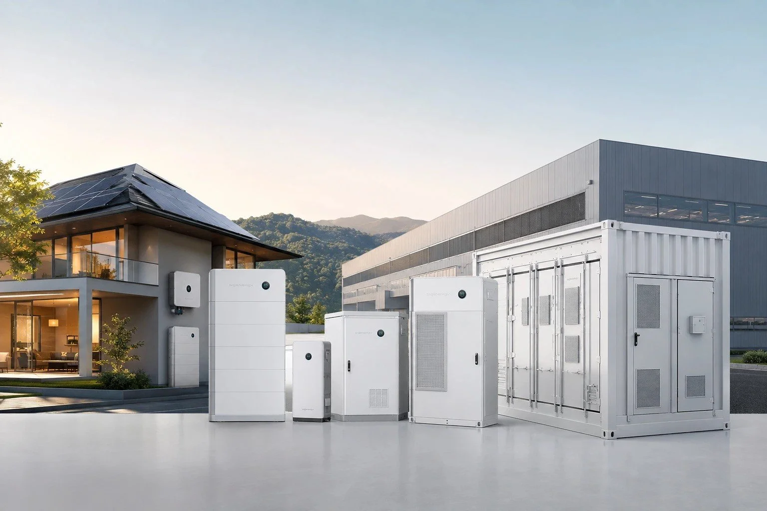 Diversos sistemas de almacenamiento de energía y componentes en un área exterior, con una casa moderna de fondo y montañas.