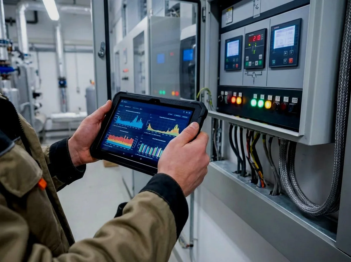 Persona revisando datos en una tableta frente a un panel de control industrial con luces y pantallas. Control de BMS y gestión de su edificio centralizado