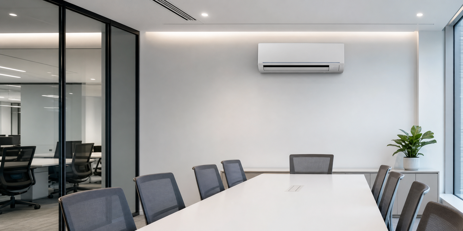 Sala de juntas moderna con aire acondicionado automatizado, controlado por un sistema centralizado.
