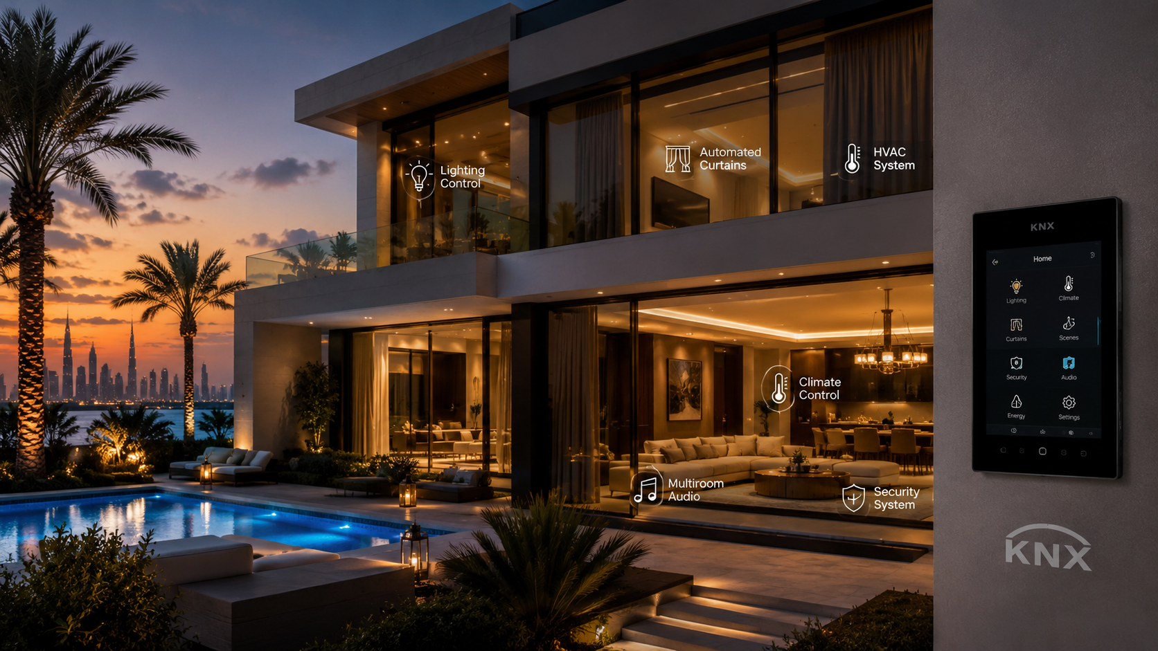 Casa moderna con piscina en un entorno al atardecer, con control de iluminación, cortinas automáticas, sistema de calefacción, audio multiformato y seguridad, todo controlado desde una pantalla instalada en la pared.