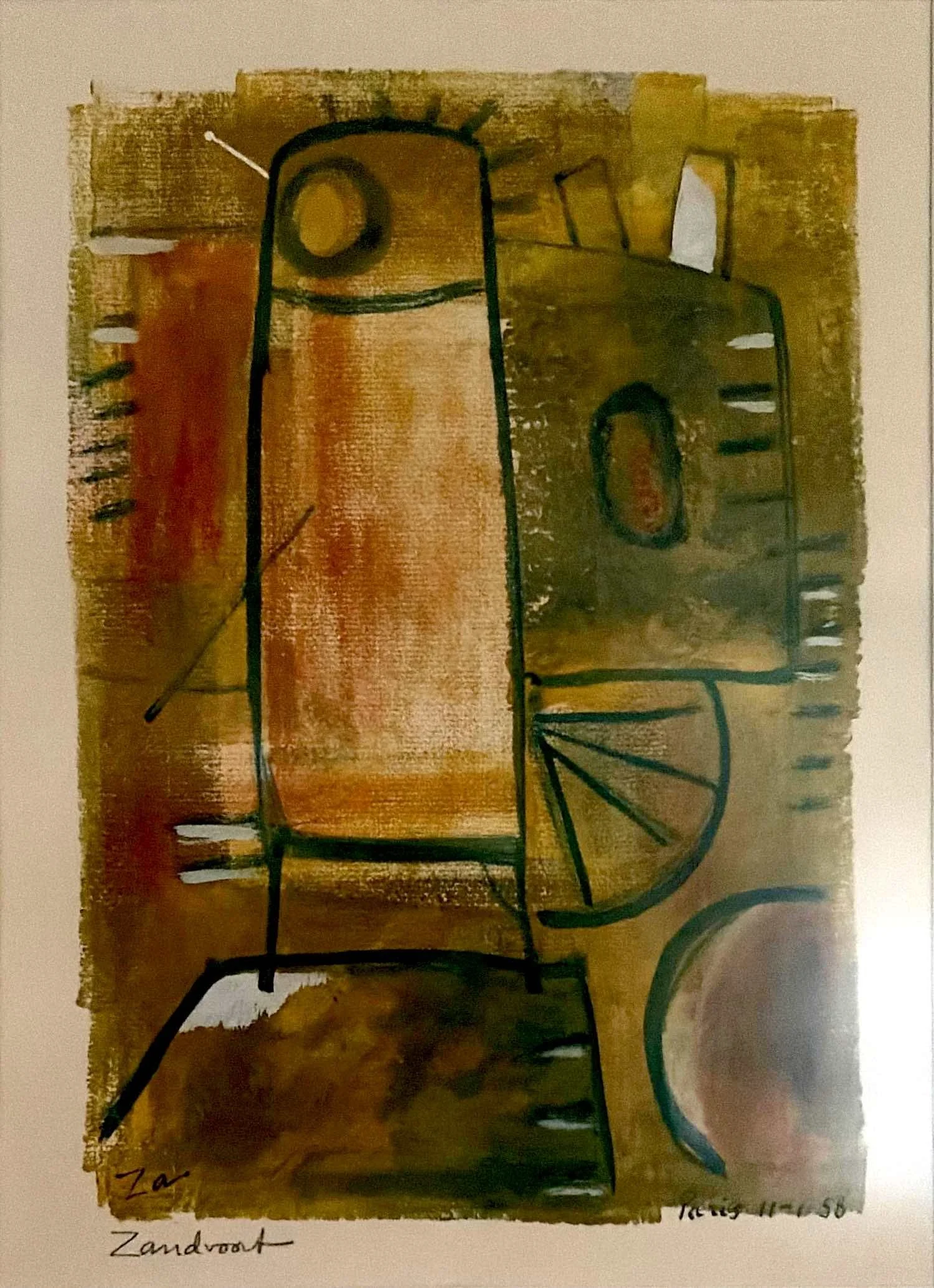 Untitled Spoutnik work by Hans Zandvoort, 1958, with outlined capsule-like structures and circular forms in ochre, brown and green.