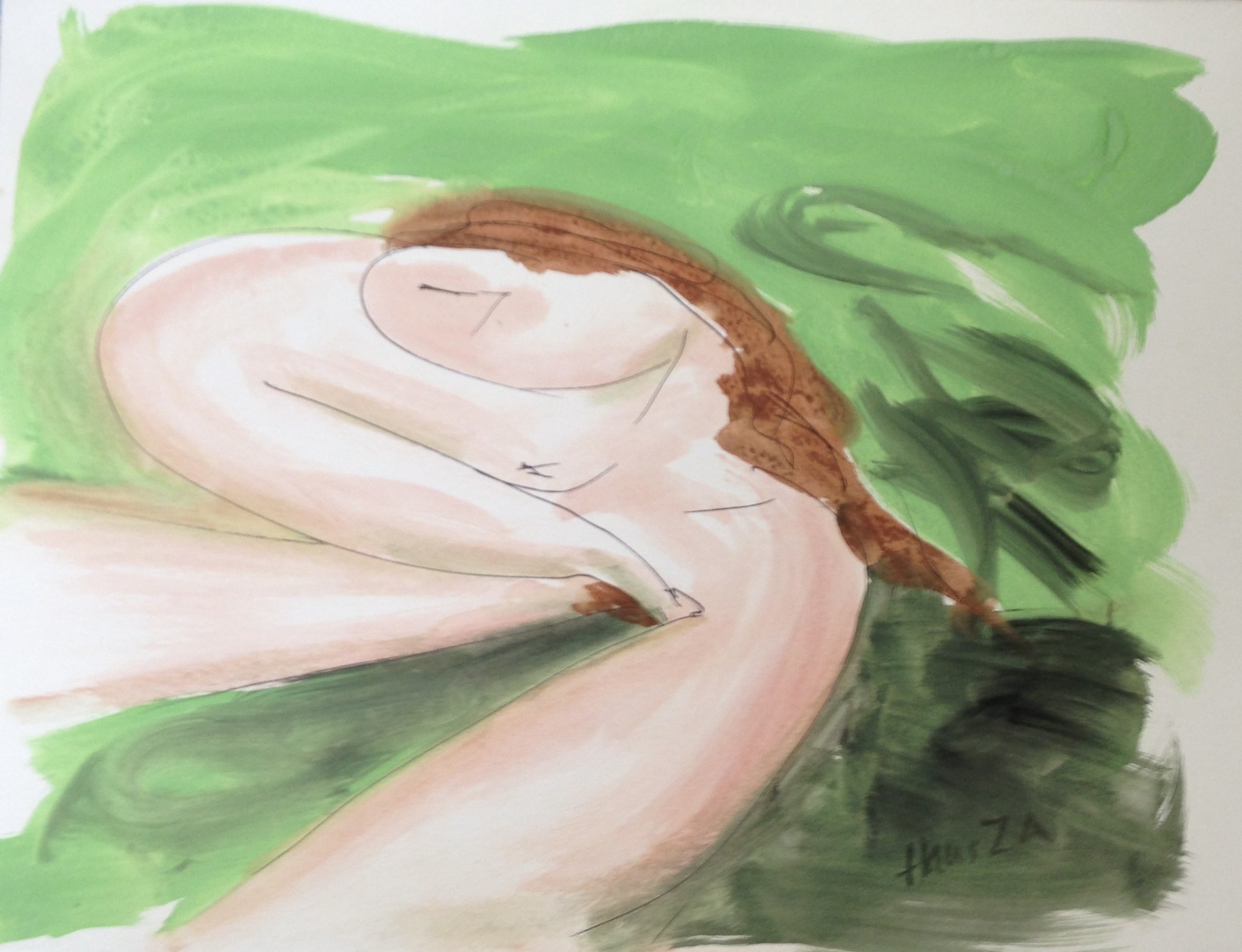 Neo-anamorphic work by Hans Zandvoort depicting a reclining female figure surrounded by green and earth-toned brushwork.