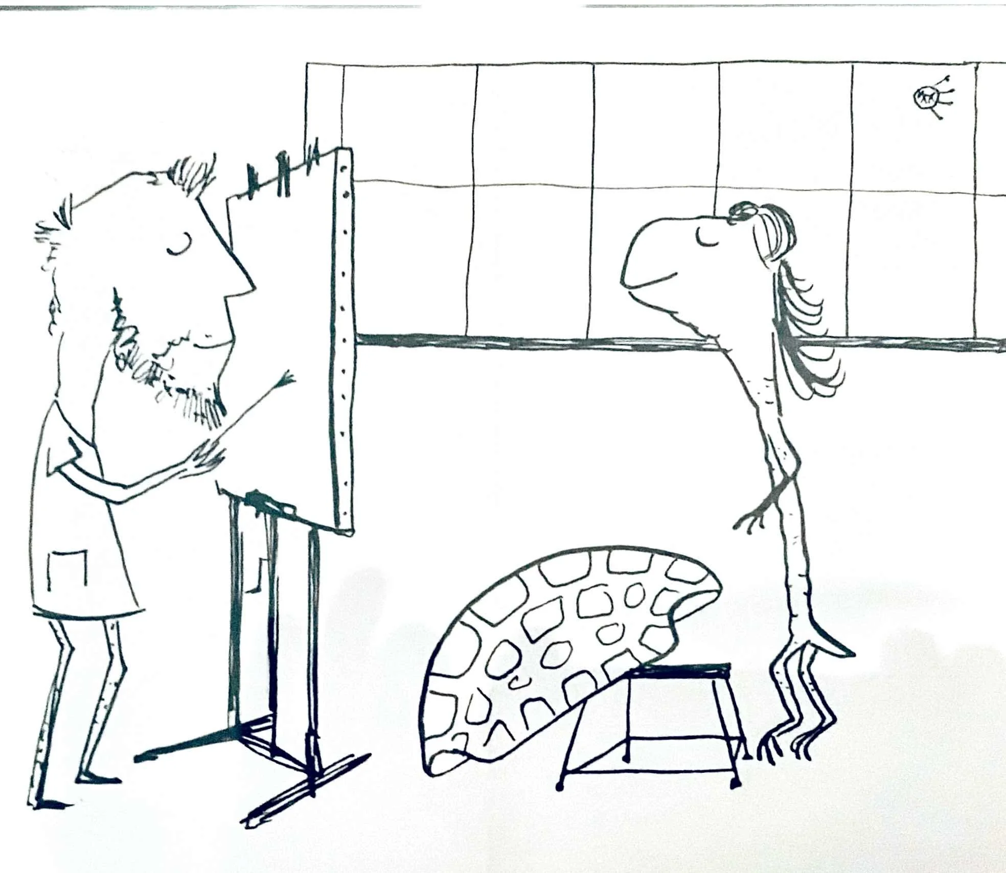 Self-portrait drawing by Hans Zandvoort showing the artist painting a nude model as a small satellite carrying a dog passes outside the window.