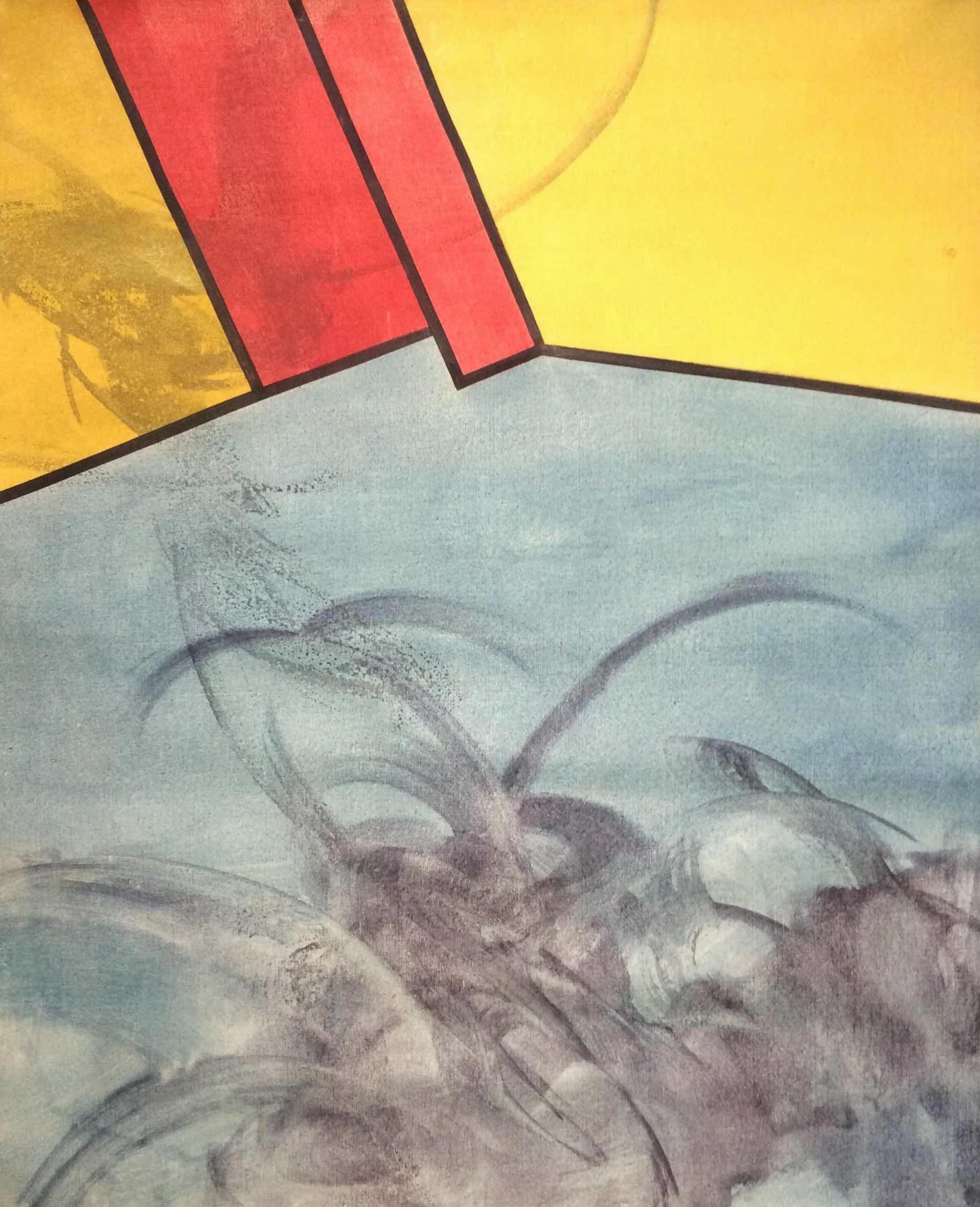 Opposition-period abstract painting by Hans Zandvoort with red and yellow geometric forms above a blue-gray field crossed by fine linear markings.