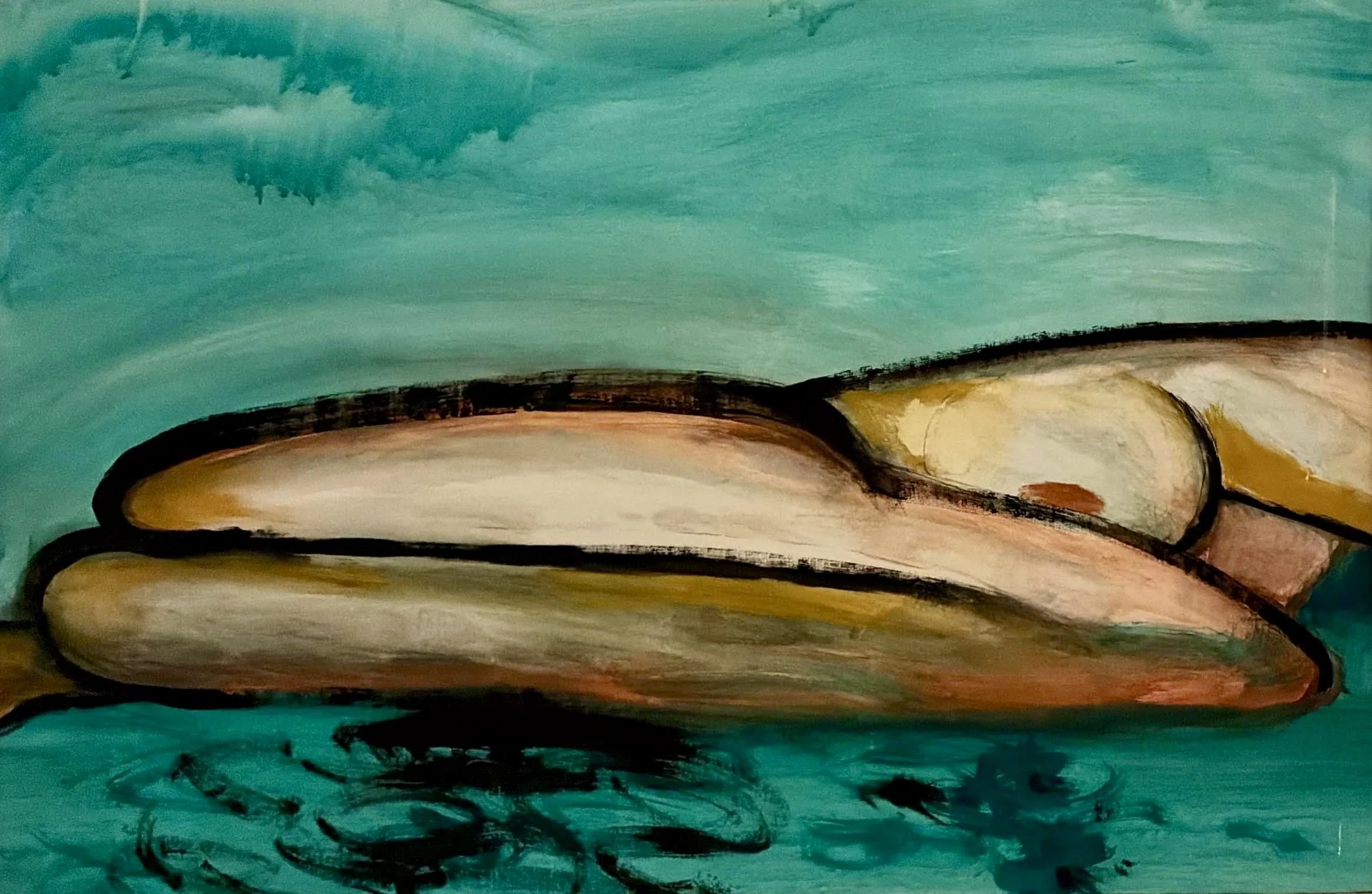 Anamorphic painting by Hans Zandvoort with a reclining figurative form against a turquoise ground.
