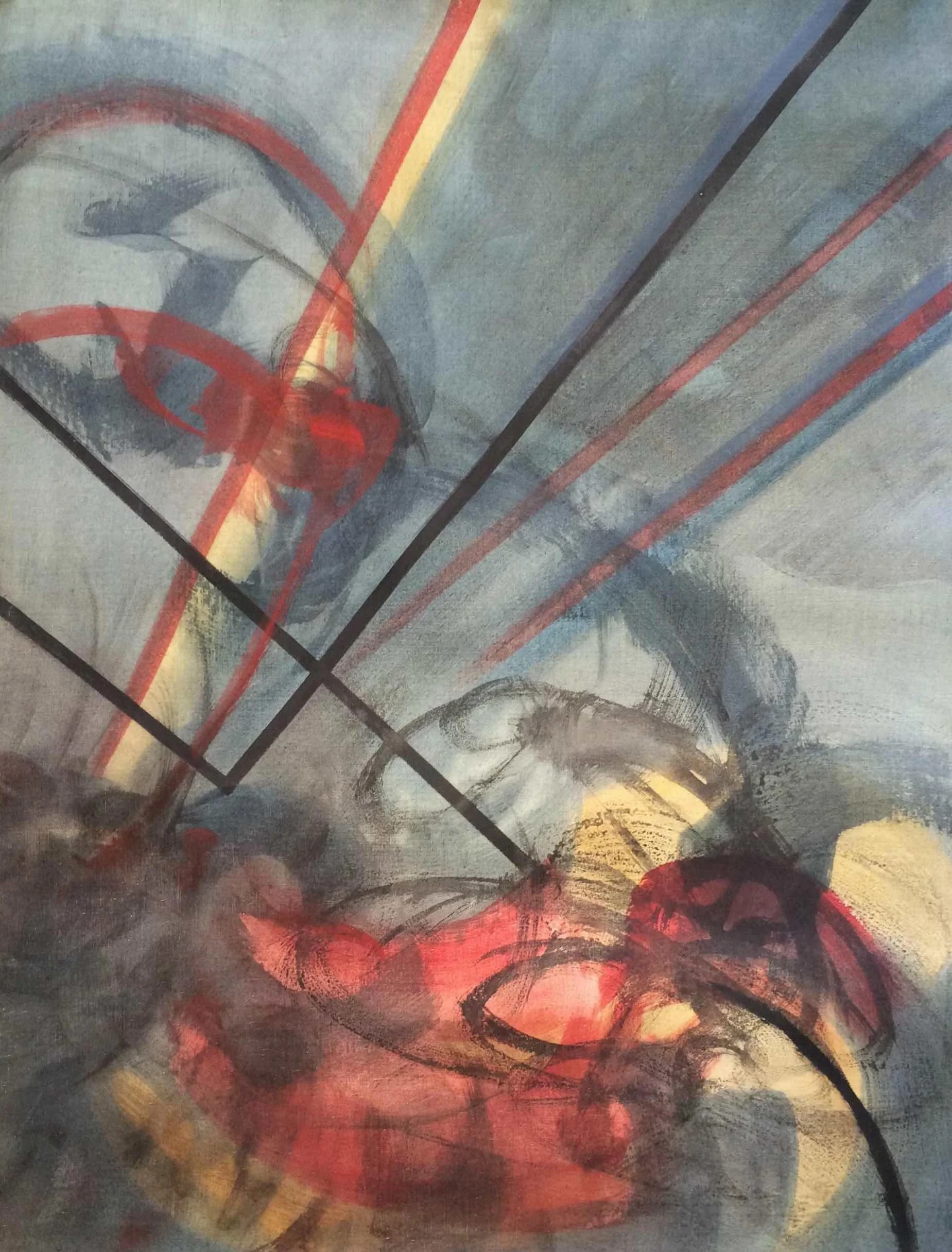 Opposition-period abstract painting by Hans Zandvoort with sweeping black and red lines over layered gray, yellow and red forms.