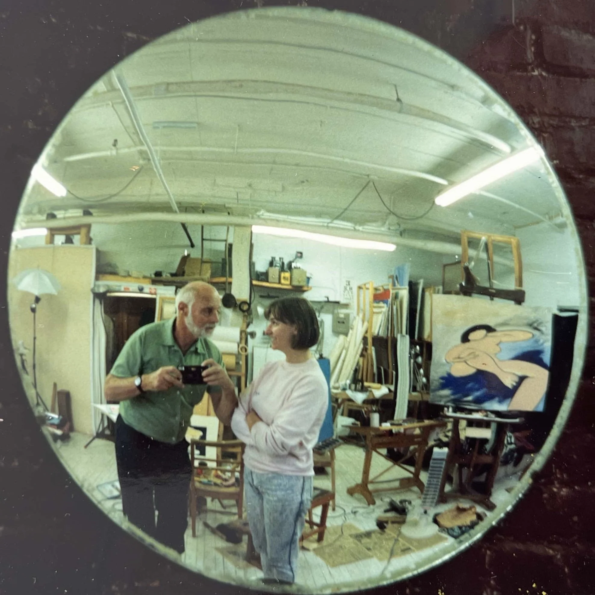 Mirror self-portrait by Hans Zandvoort with his daughter Anne in his Rochester studio, 1992.