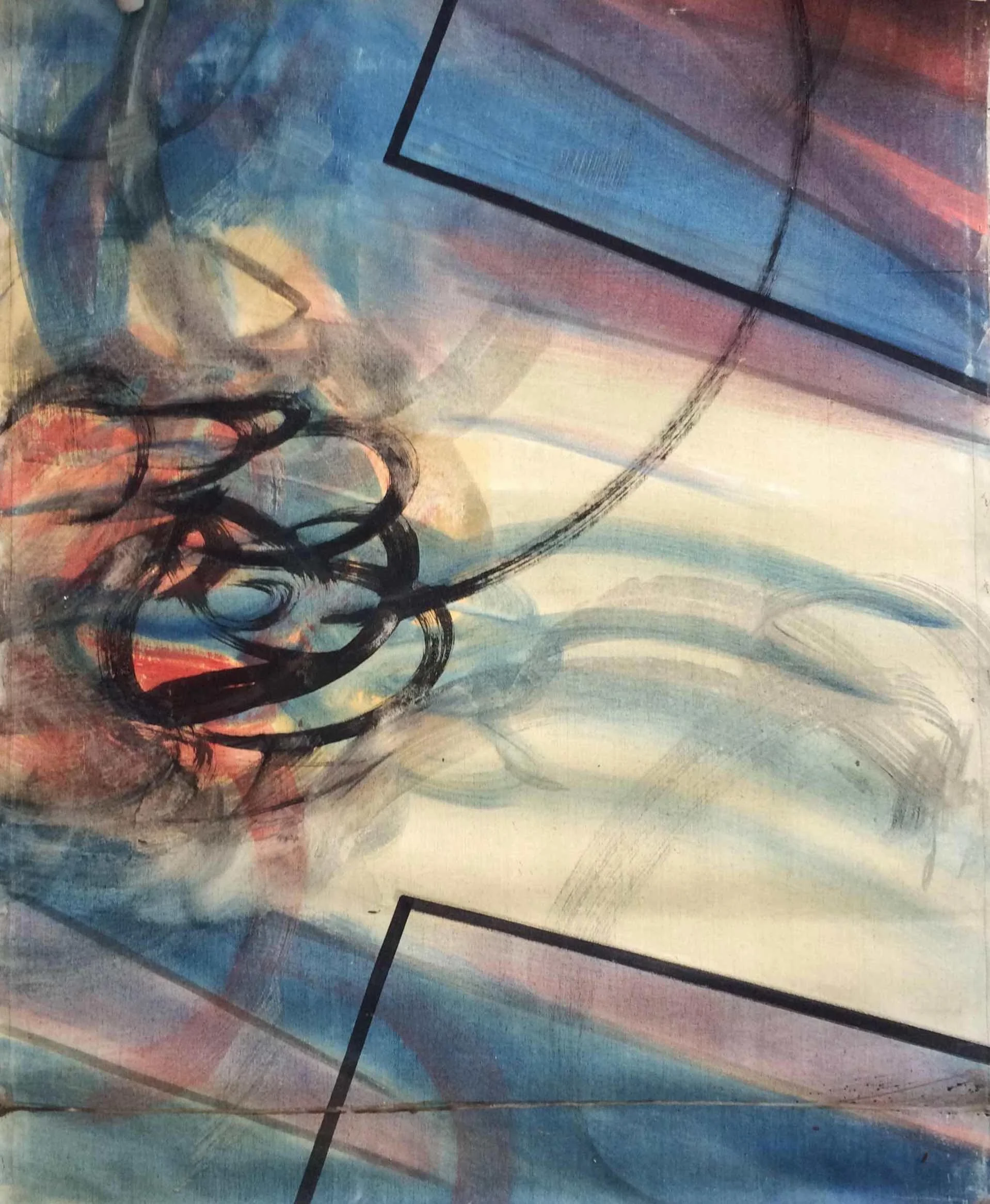Abstract painting by Hans Zandvoort with linear forms in blue, pink, orange, yellow and black.