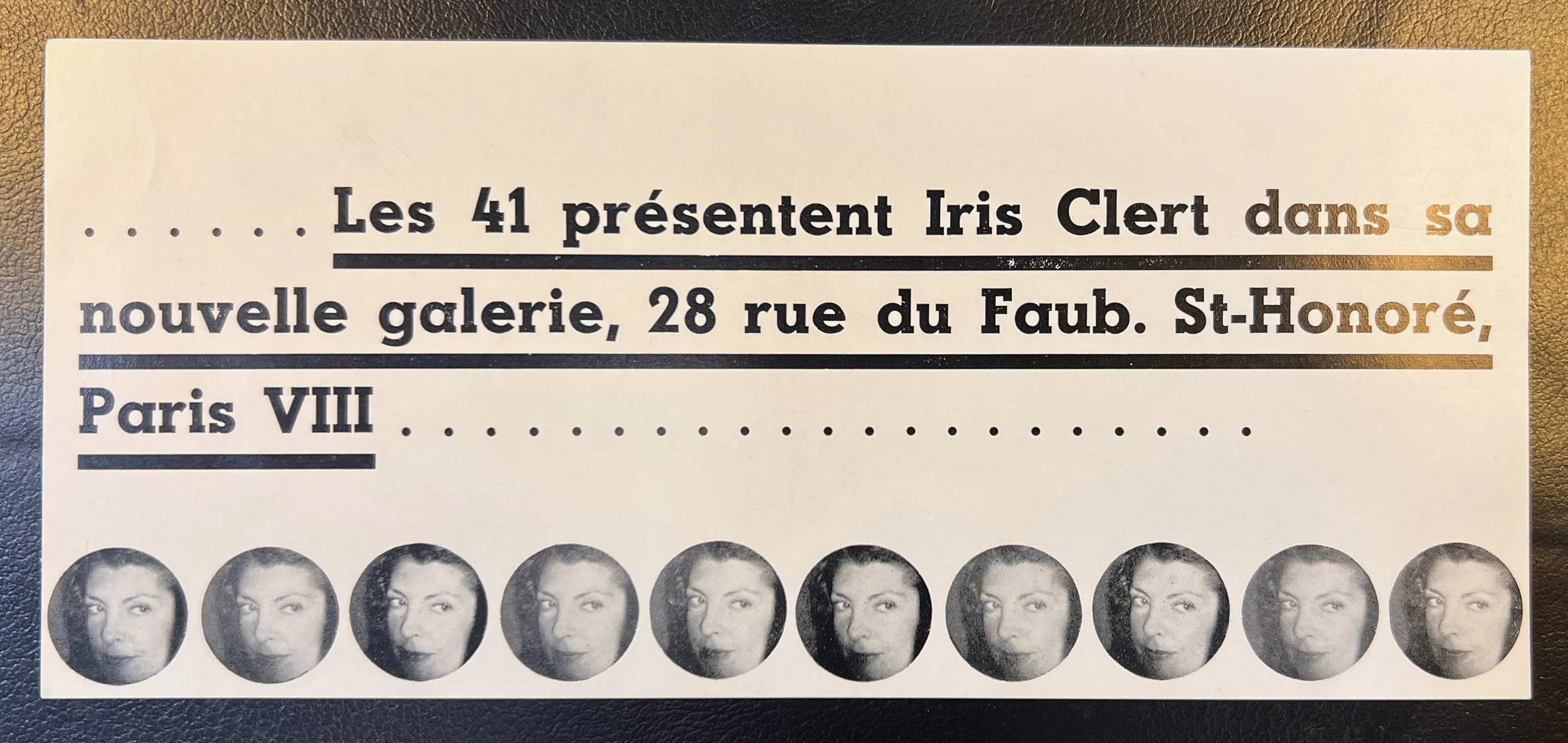 Invitation for “Les 41 présentent Iris Clert dans sa nouvelle galerie,” opening 15 May 1961 at 28 rue du Faubourg Saint-Honoré, Paris.