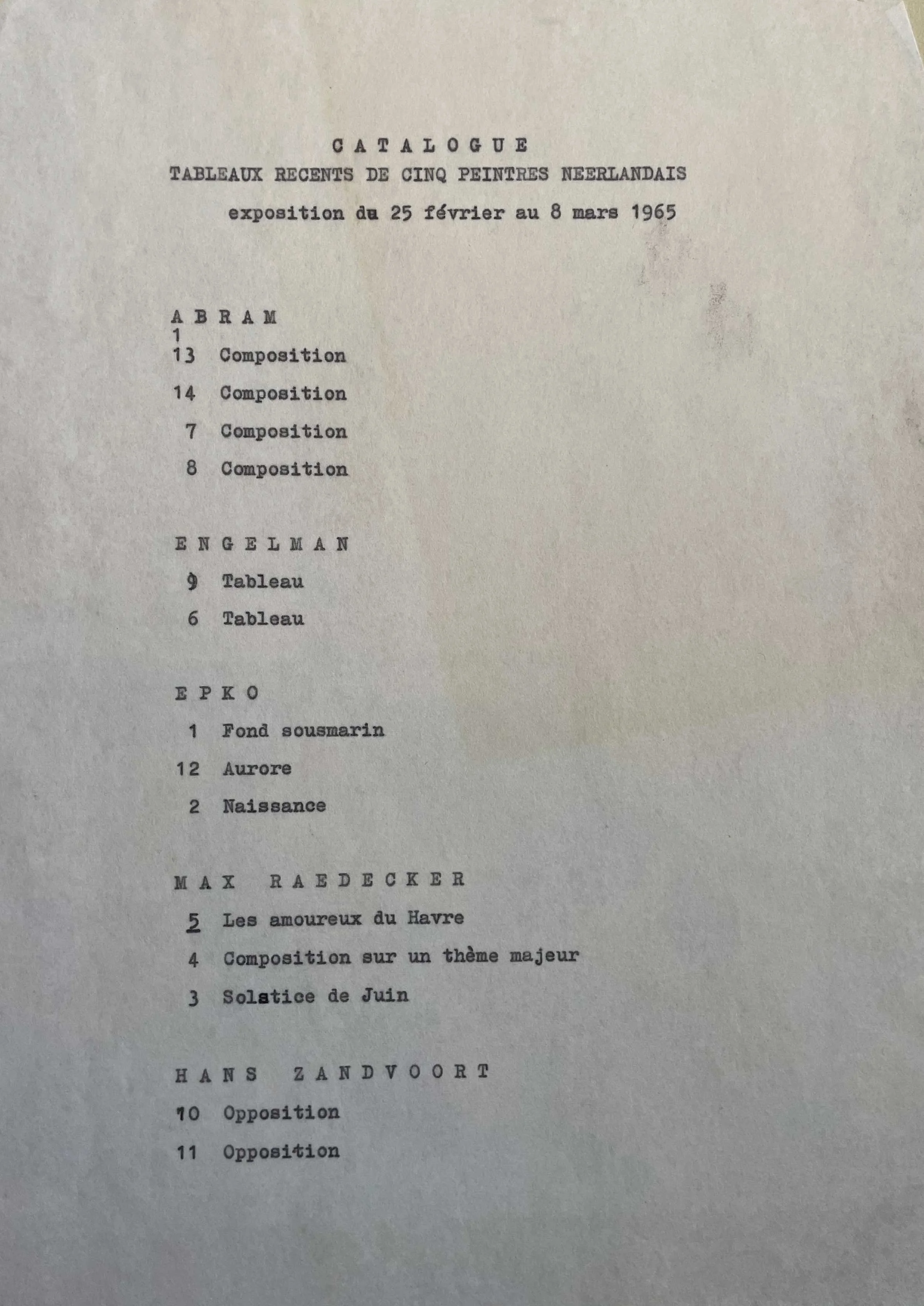 Catalogue page listing Hans Zandvoort among contemporary Dutch artists exhibiting including works by Abram, Engelman, Epko, Hans Zandvoort, and Max Raedcke