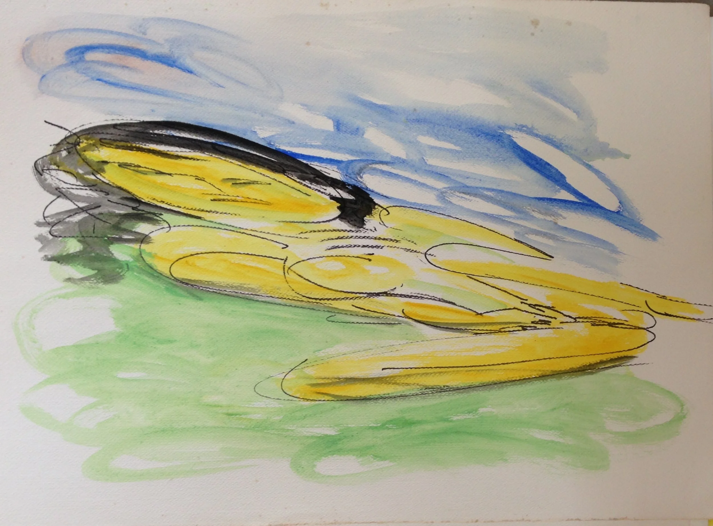 Neo-anamorphic work by Hans Zandvoort with a yellow, black and figurative form against loosely painted blue and green areas.