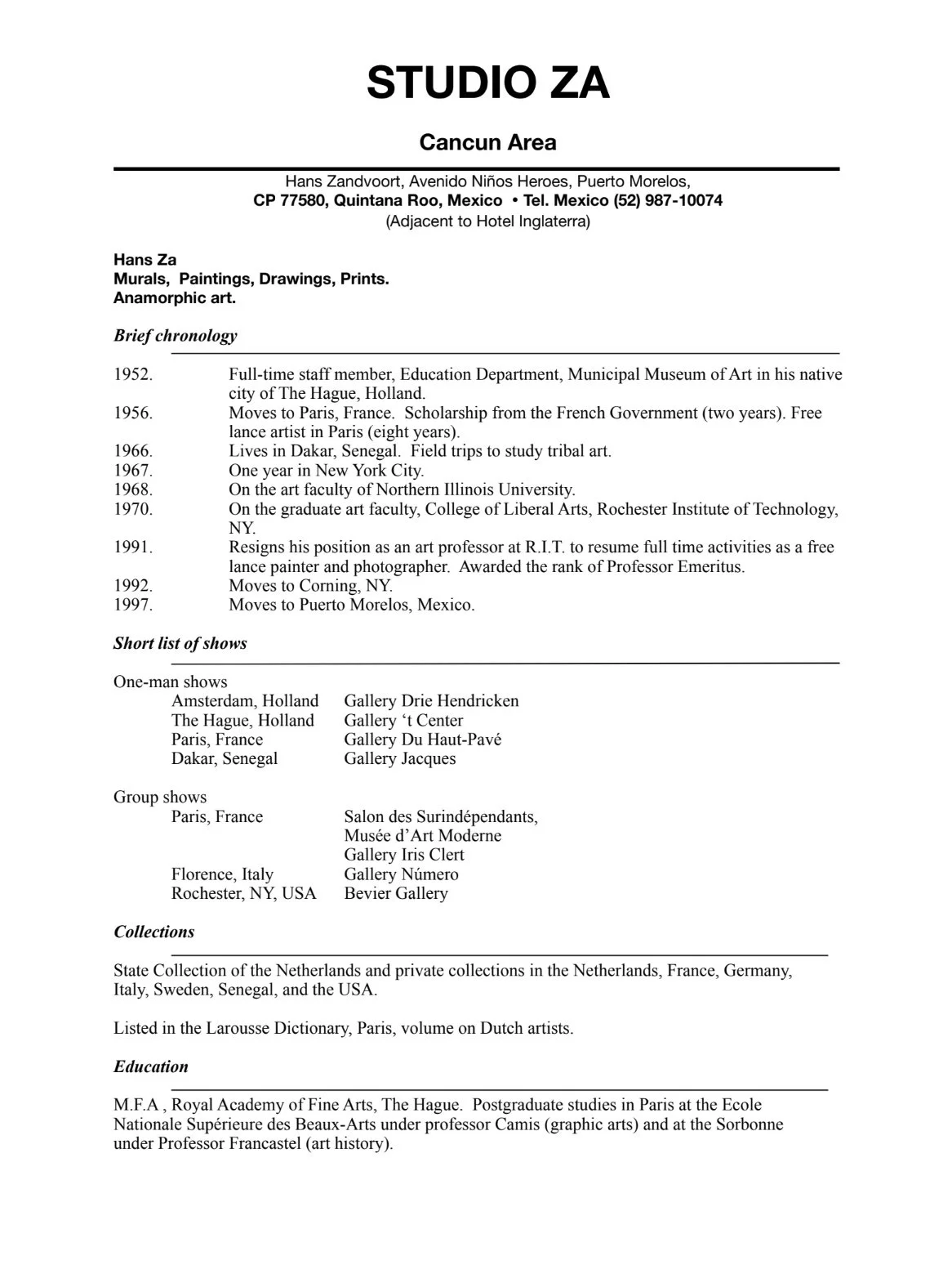 A text document featuring the artist Hans Zandoort's biography, including his background, education, works, and exhibition history, with sections labeled 'Brief chronology,' 'Short list of shows,' 'Collections,' and 'Education'.