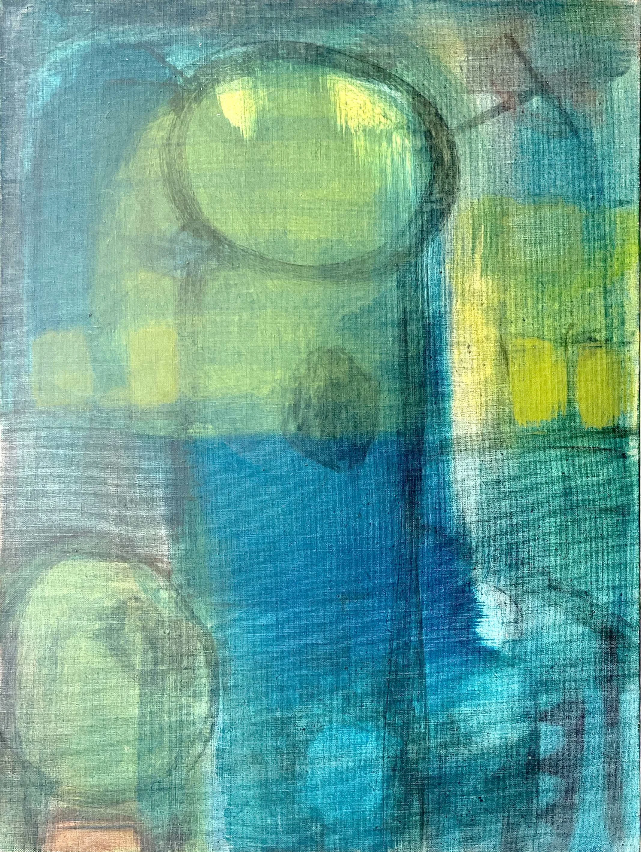 Untitled painting by Hans Zandvoort, 1960, with large green circular forms and geometric shapes against a blue and turquoise field.