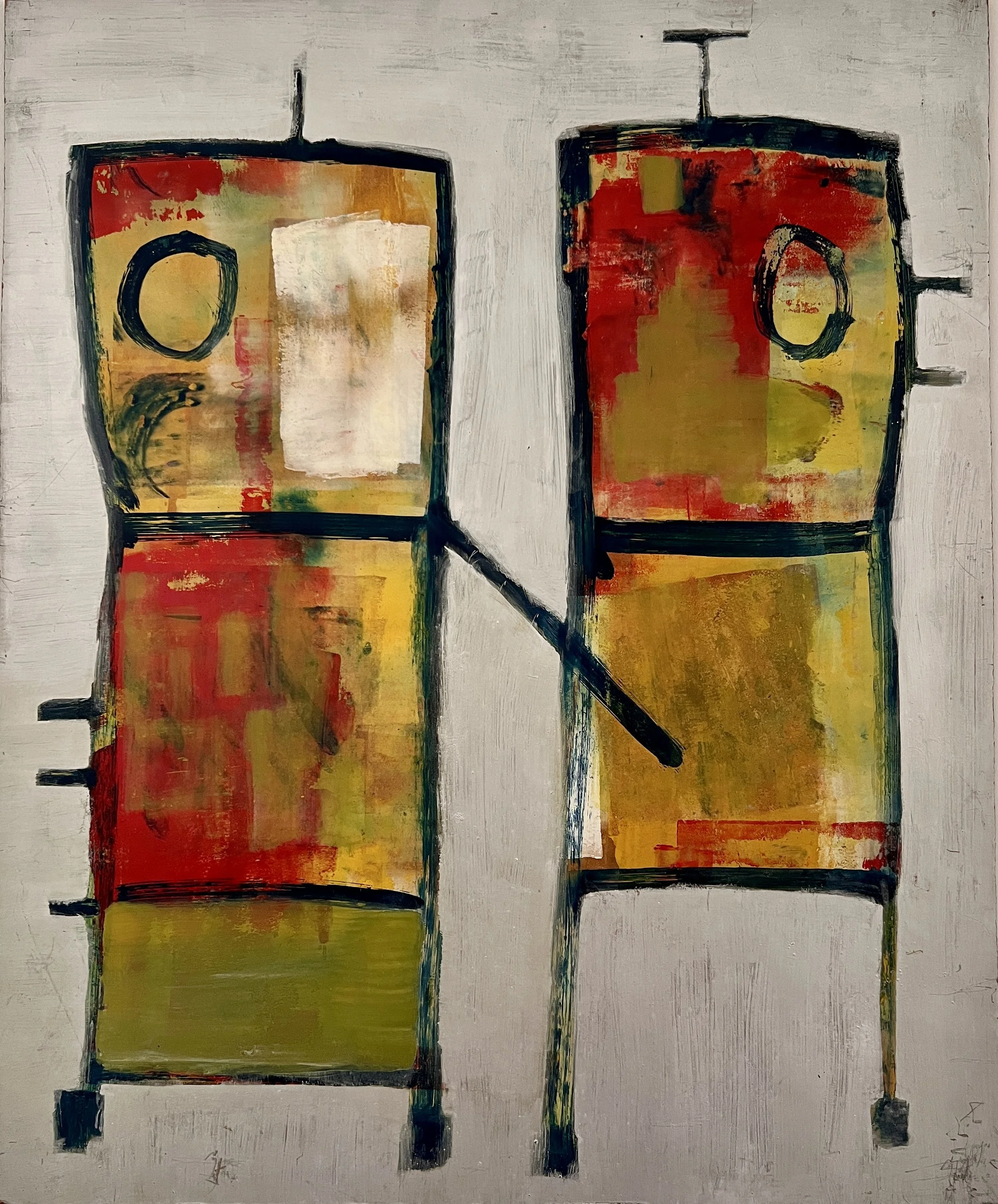 Untitled Spoutnik painting by Hans Zandvoort, with two tall capsule-like forms and antennae in red, yellow, green and black.